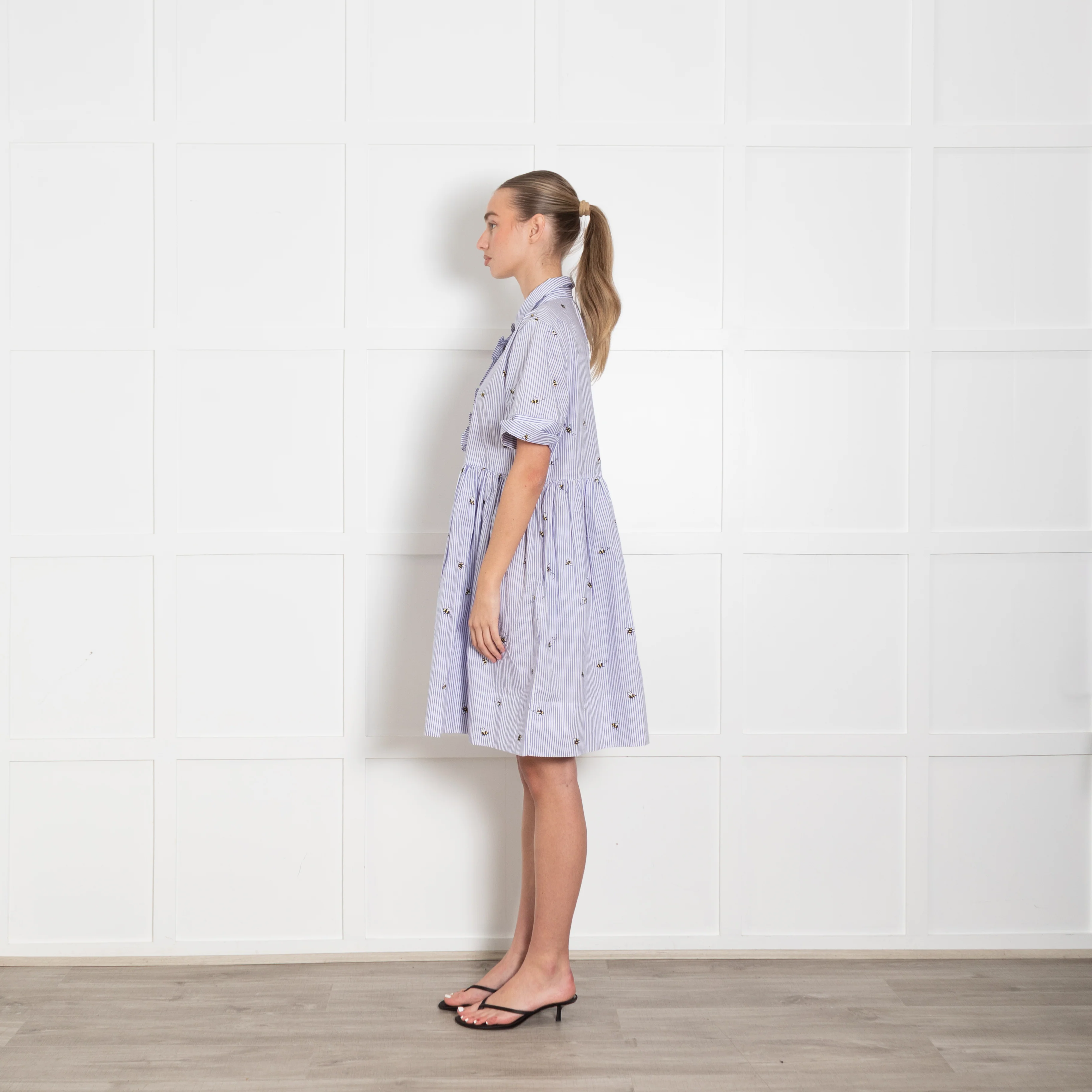 Kate Spade White Lilac Striped Bee Print Short Sleeve Dress - Image 4