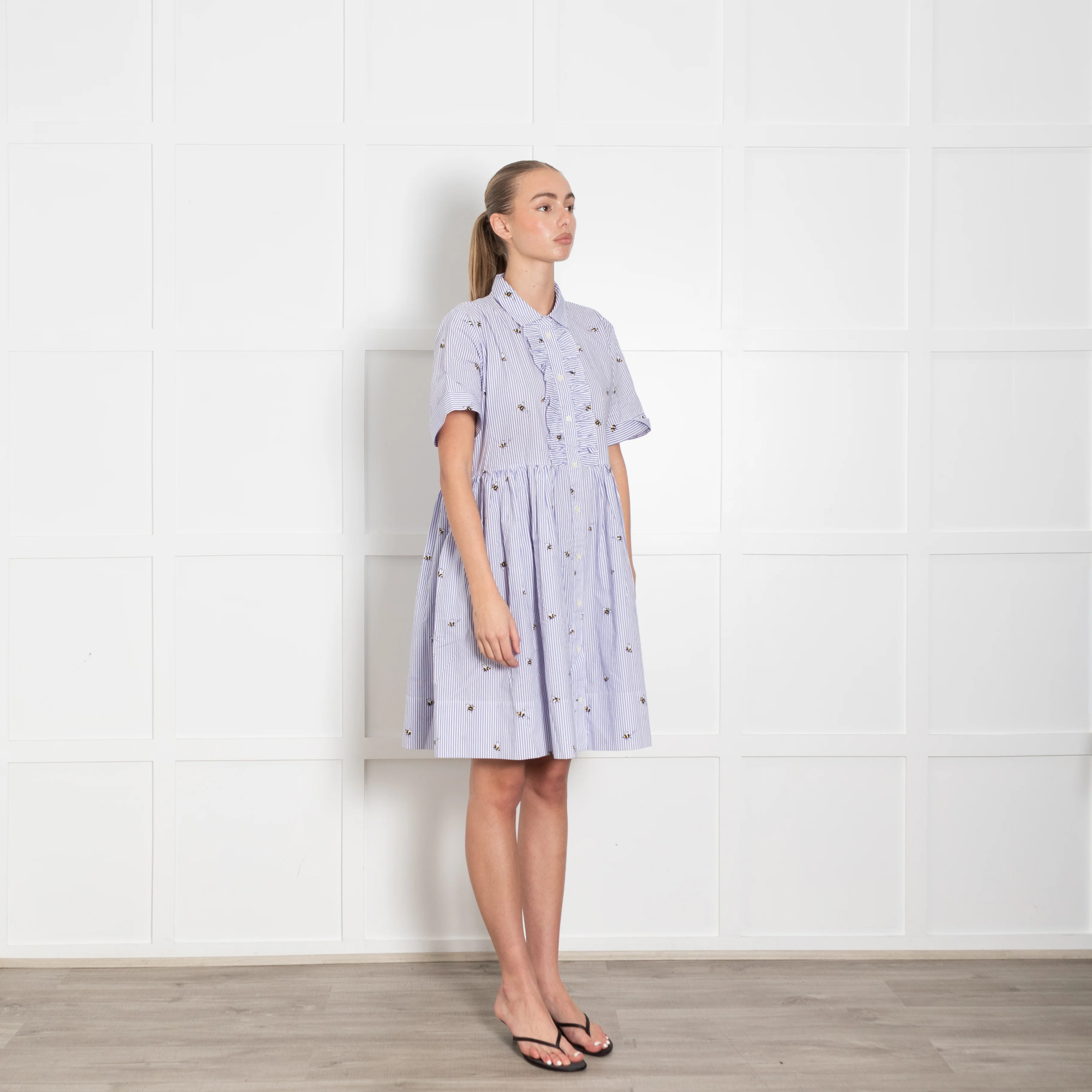 Kate Spade White Lilac Striped Bee Print Short Sleeve Dress - Image 7