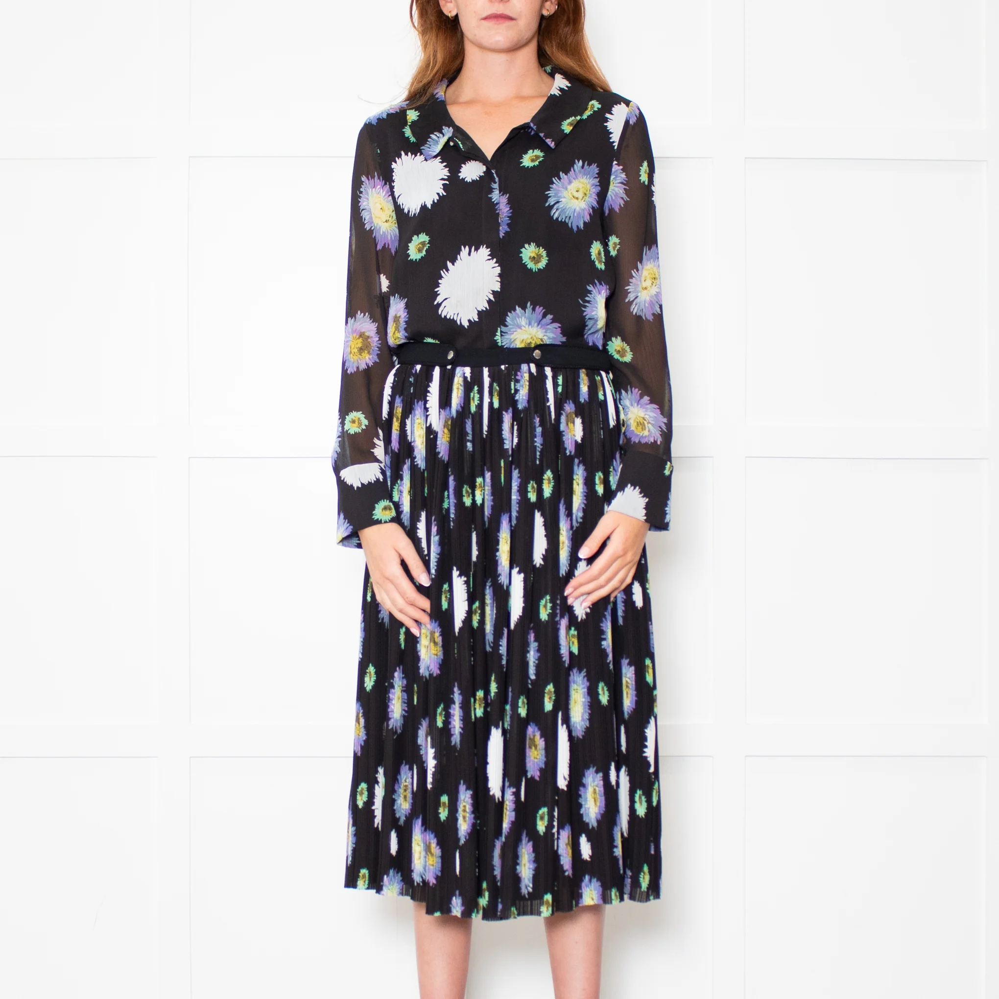 Kenzo Black Cream Lilac Green Fine Pleated Midi Dress - Image 2