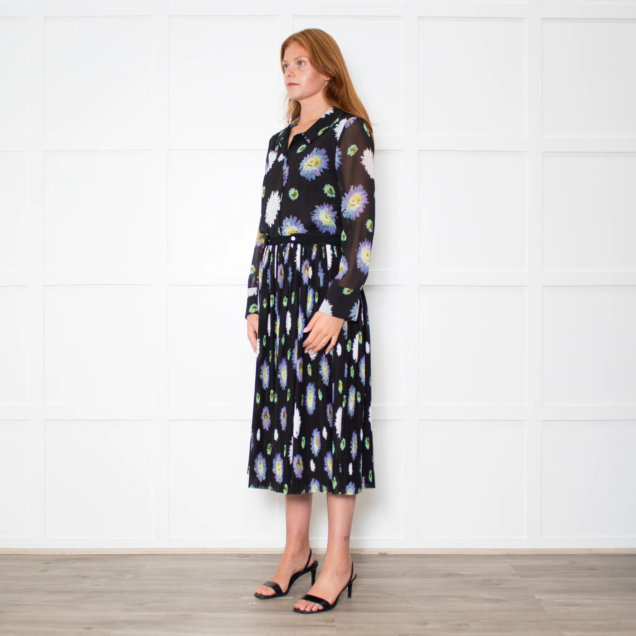 Kenzo Black Cream Lilac Green Fine Pleated Midi Dress - Image 3