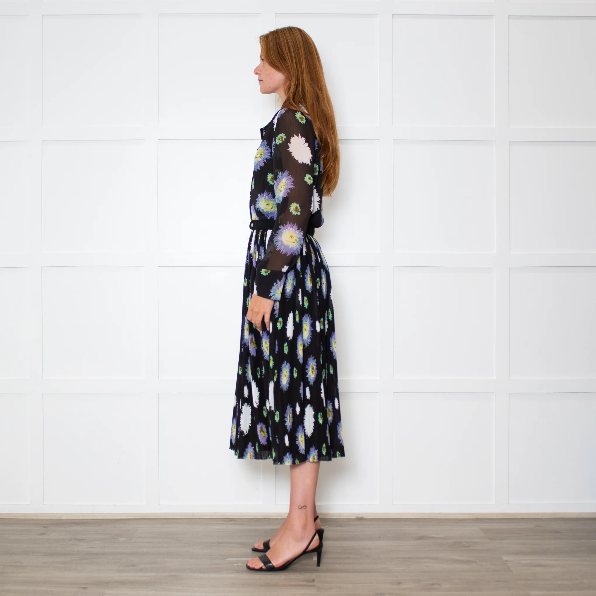 Kenzo Black Cream Lilac Green Fine Pleated Midi Dress - Image 4