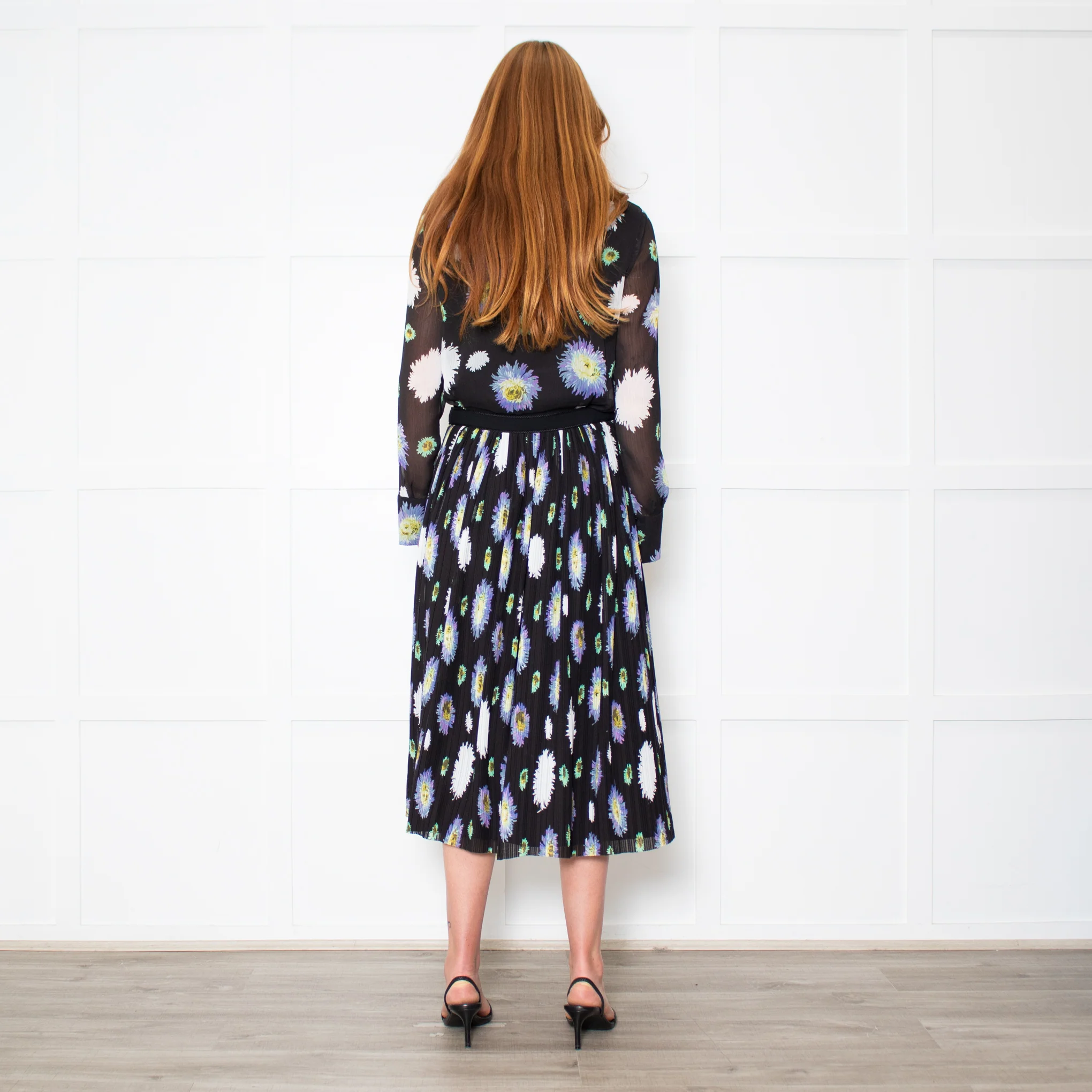 Kenzo Black Cream Lilac Green Fine Pleated Midi Dress - Image 5