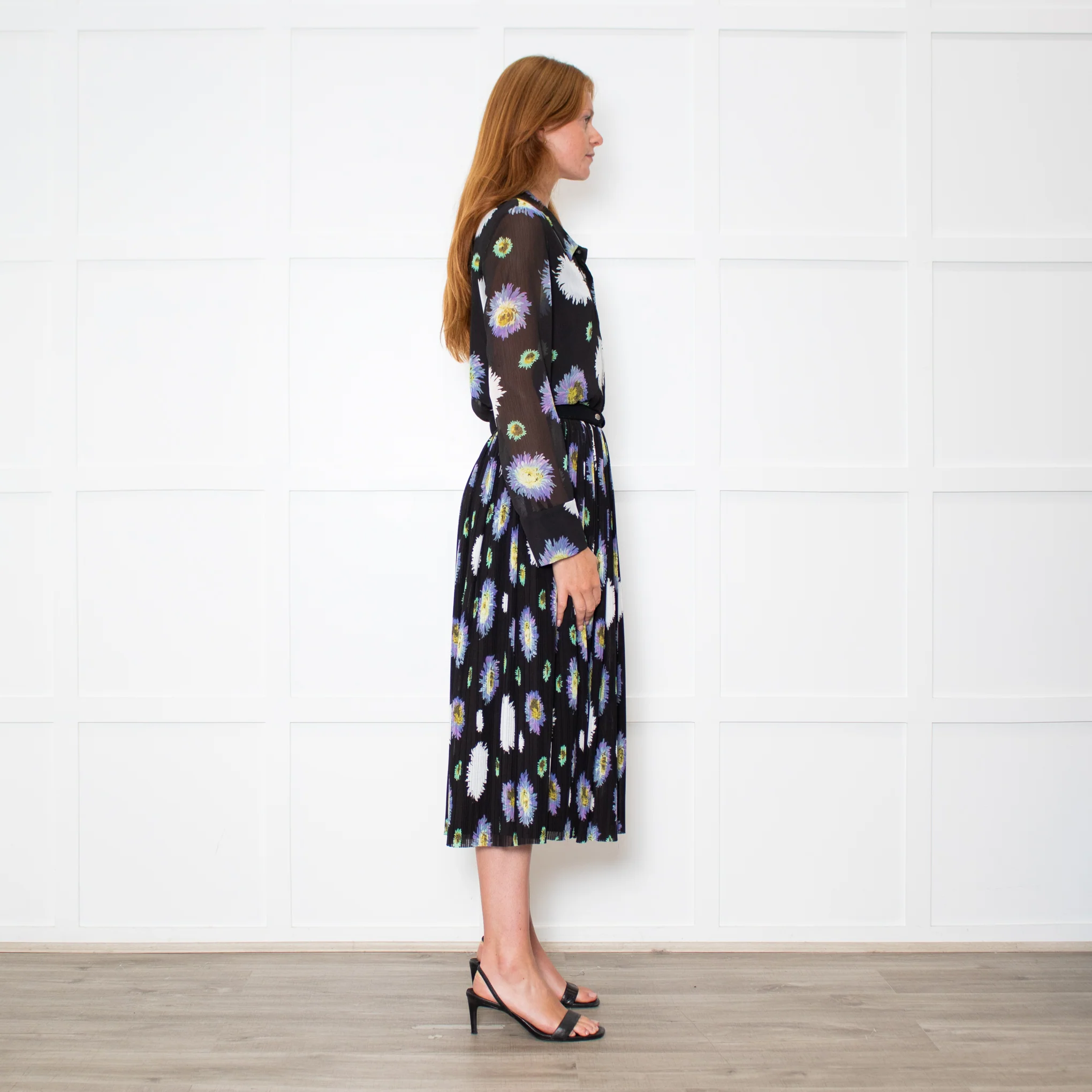 Kenzo Black Cream Lilac Green Fine Pleated Midi Dress - Image 6