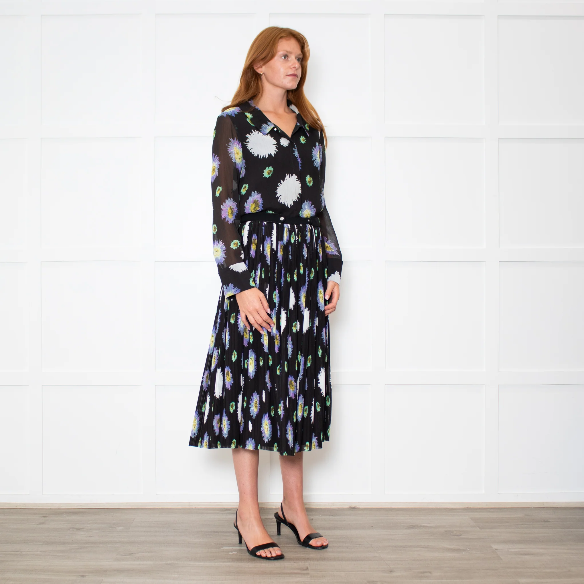 Kenzo Black Cream Lilac Green Fine Pleated Midi Dress - Image 7