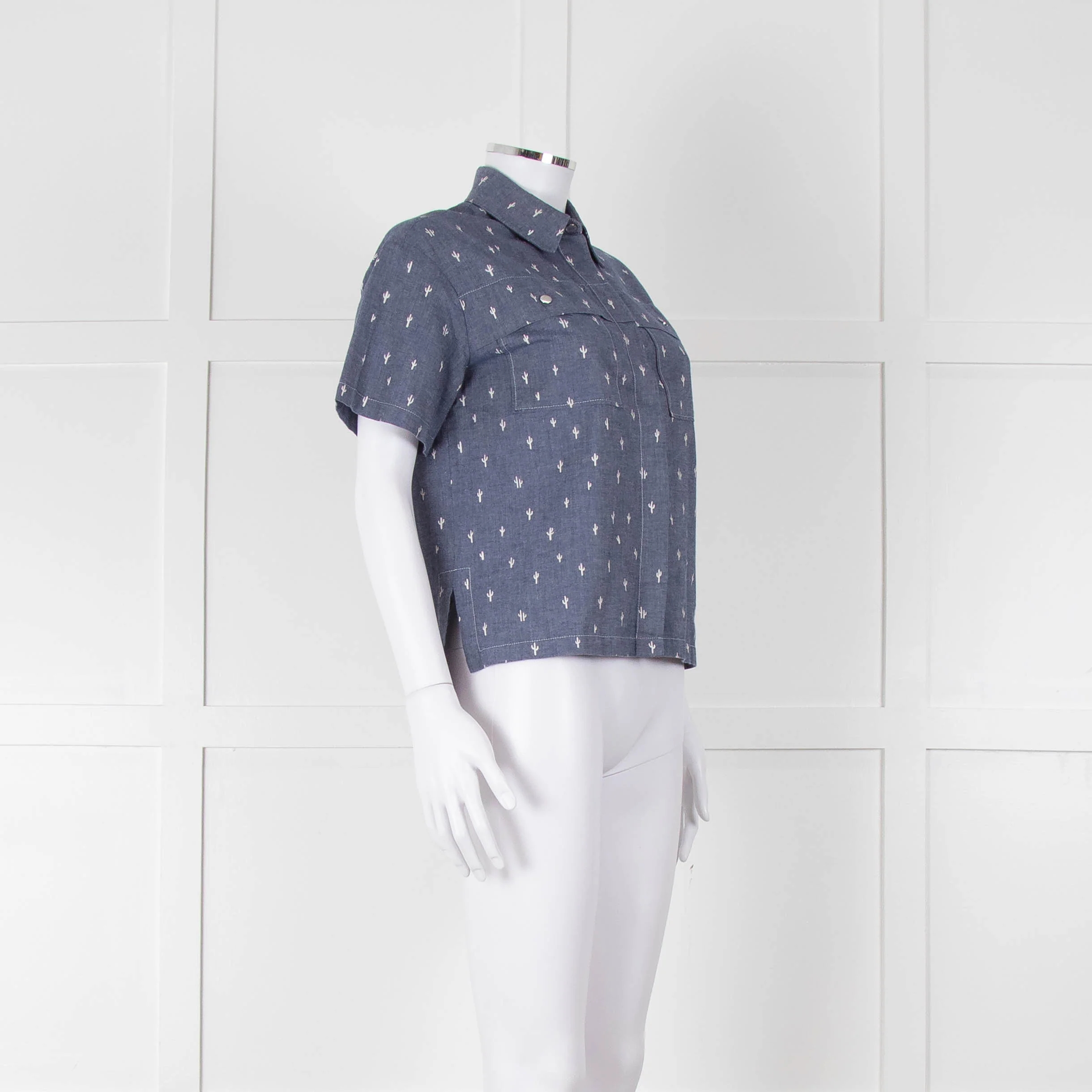Kenzo Blue Denim White Cactus Print Short Sleeve Shirt - Image 2