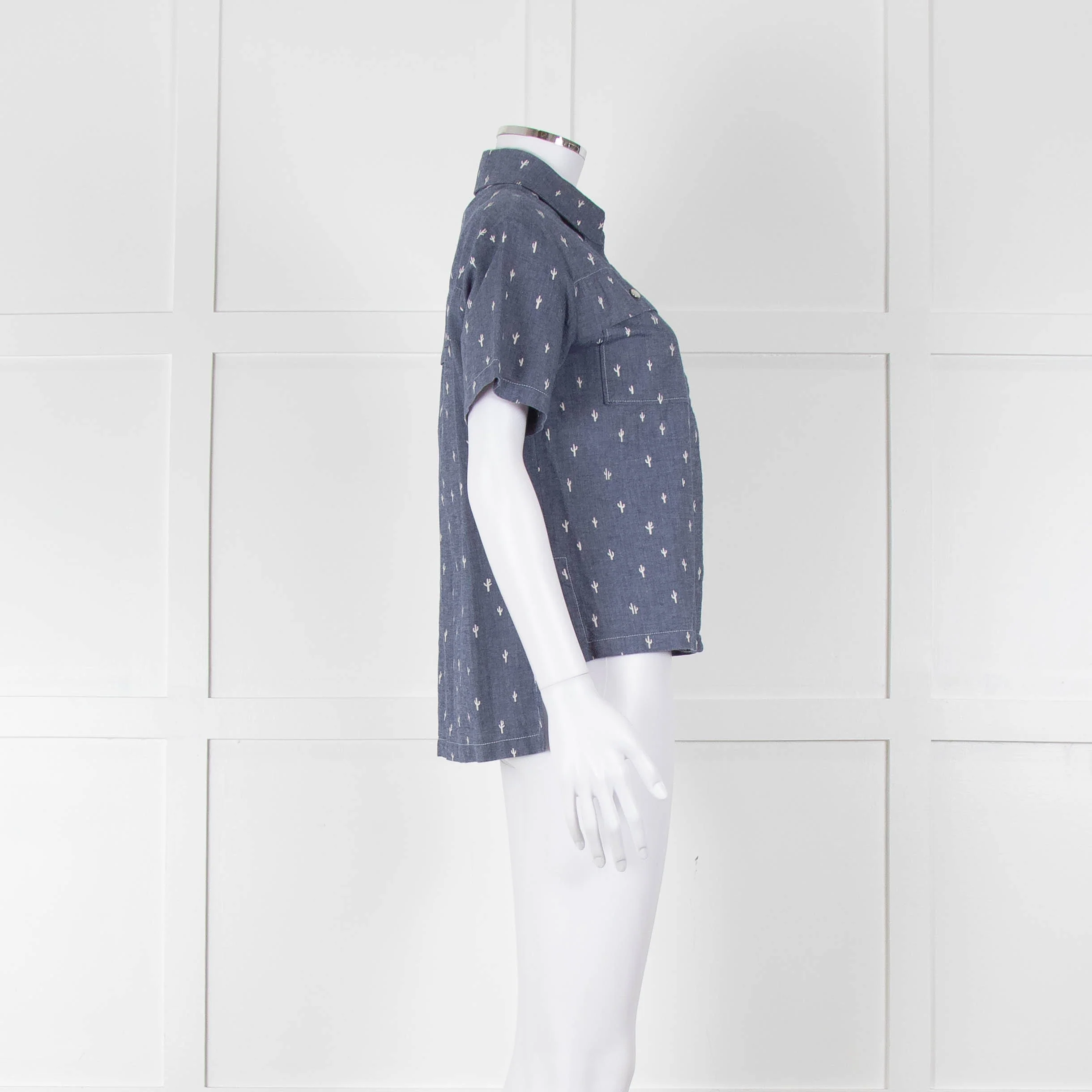 Kenzo Blue Denim White Cactus Print Short Sleeve Shirt - Image 3