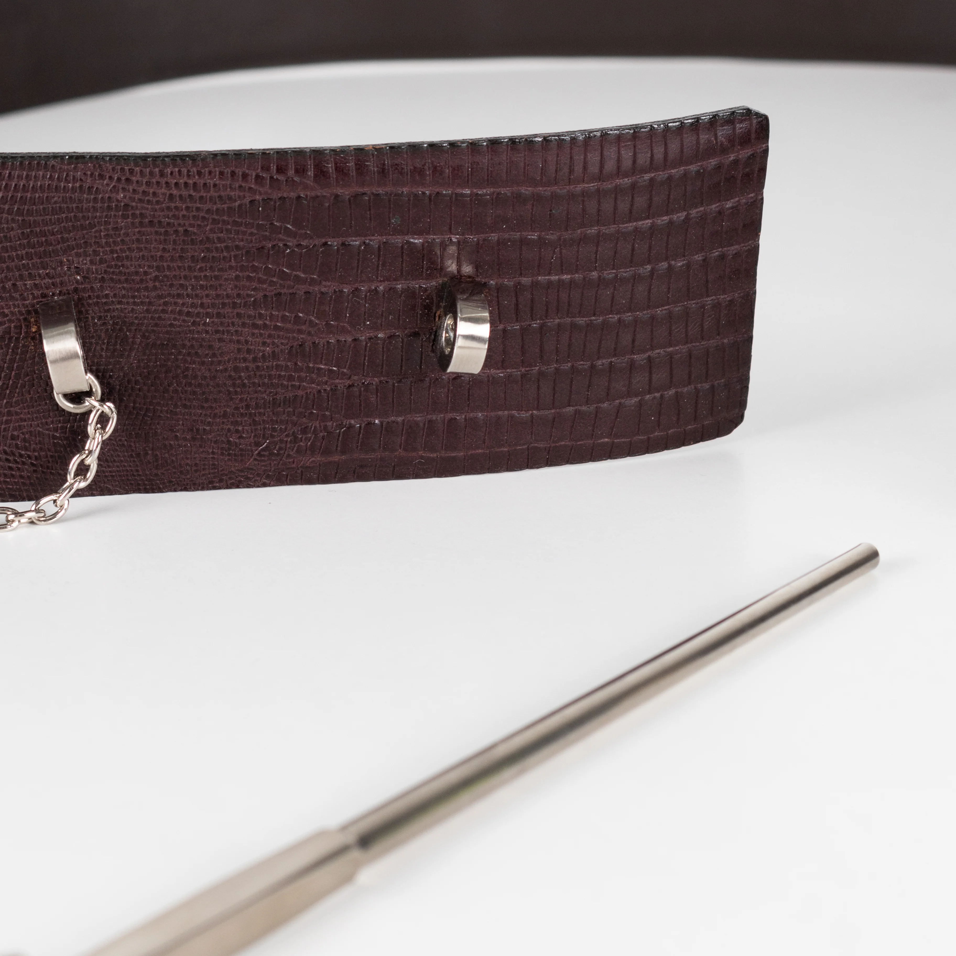 Kenzo Brown Embossed Leather Metal Needle Detail Wide Belt - Image 10