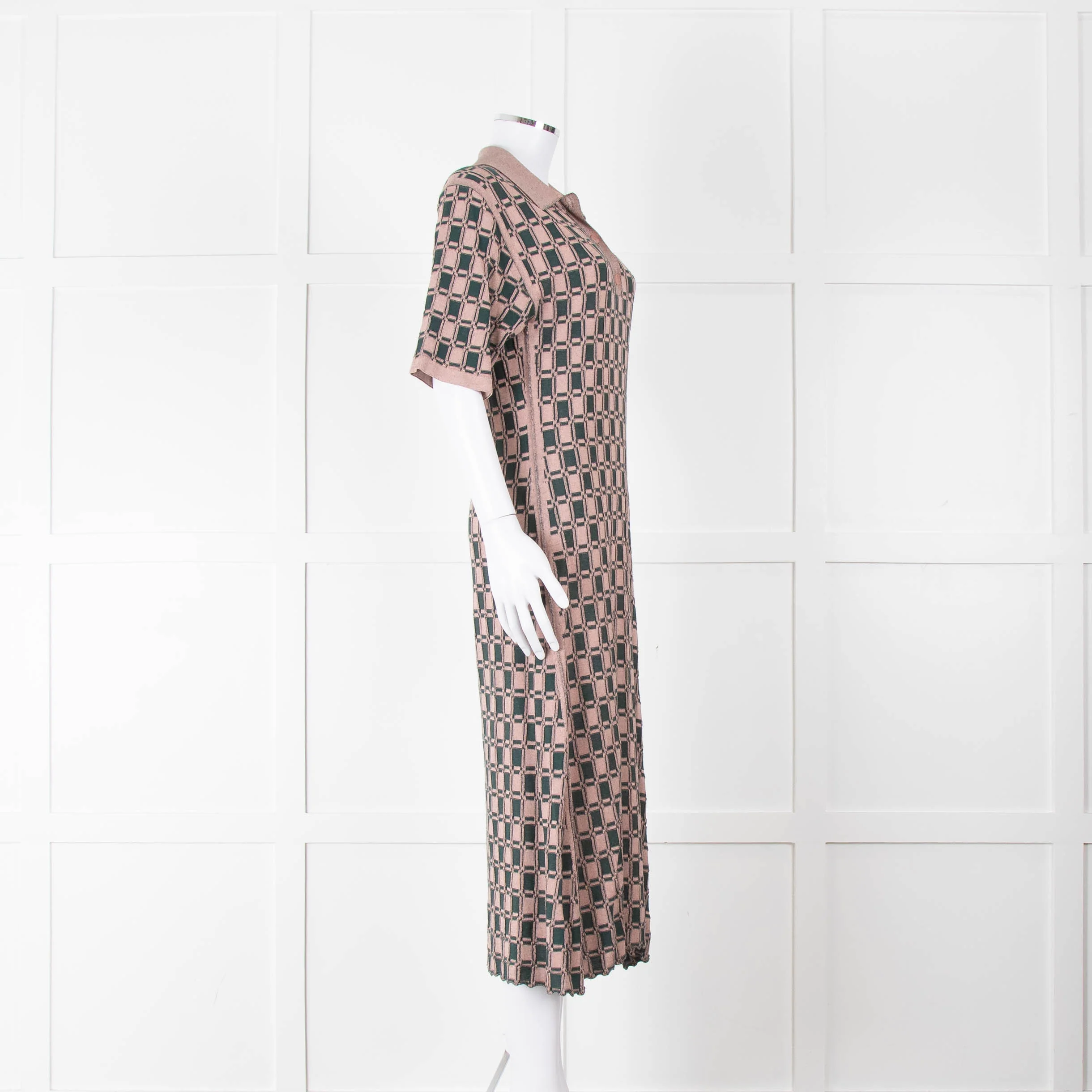 Kenzo Green and Pink Collared Knit Midi Dress - Image 2
