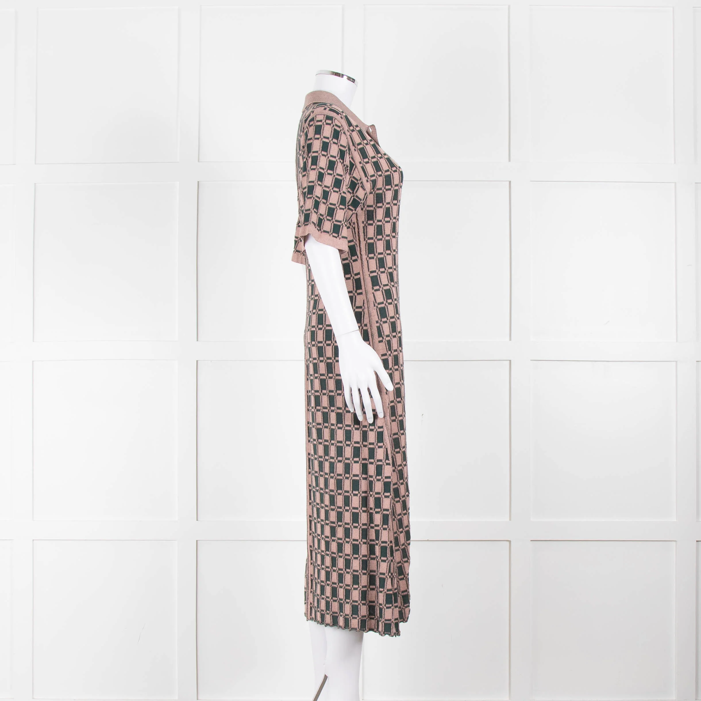 Kenzo Green and Pink Collared Knit Midi Dress - Image 3