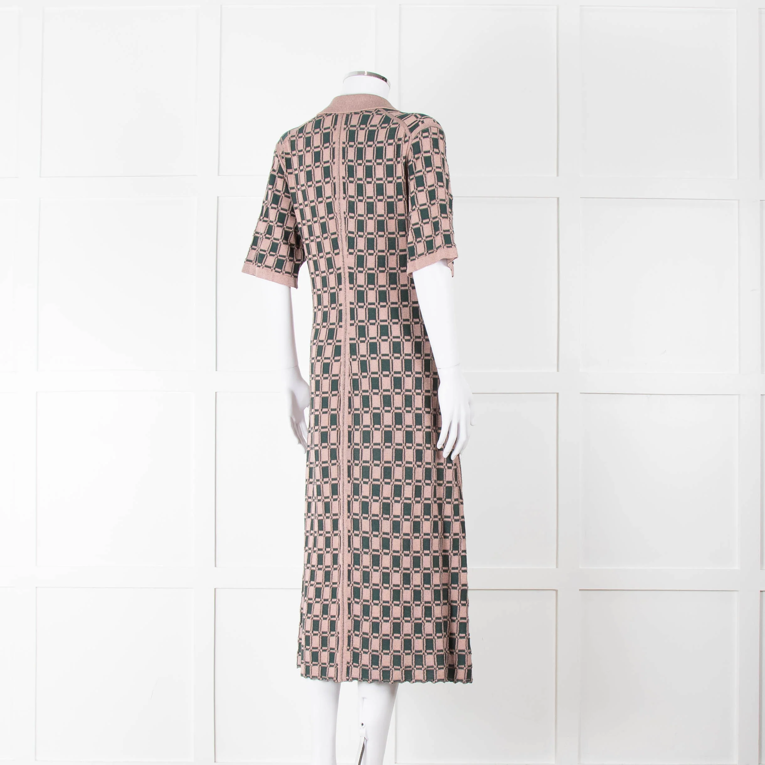 Kenzo Green and Pink Collared Knit Midi Dress - Image 4