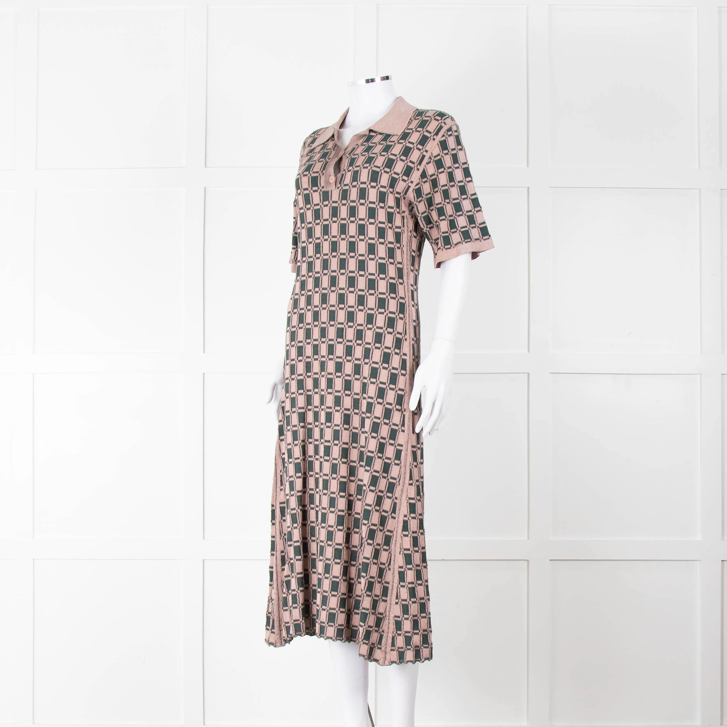 Kenzo Green and Pink Collared Knit Midi Dress - Image 7