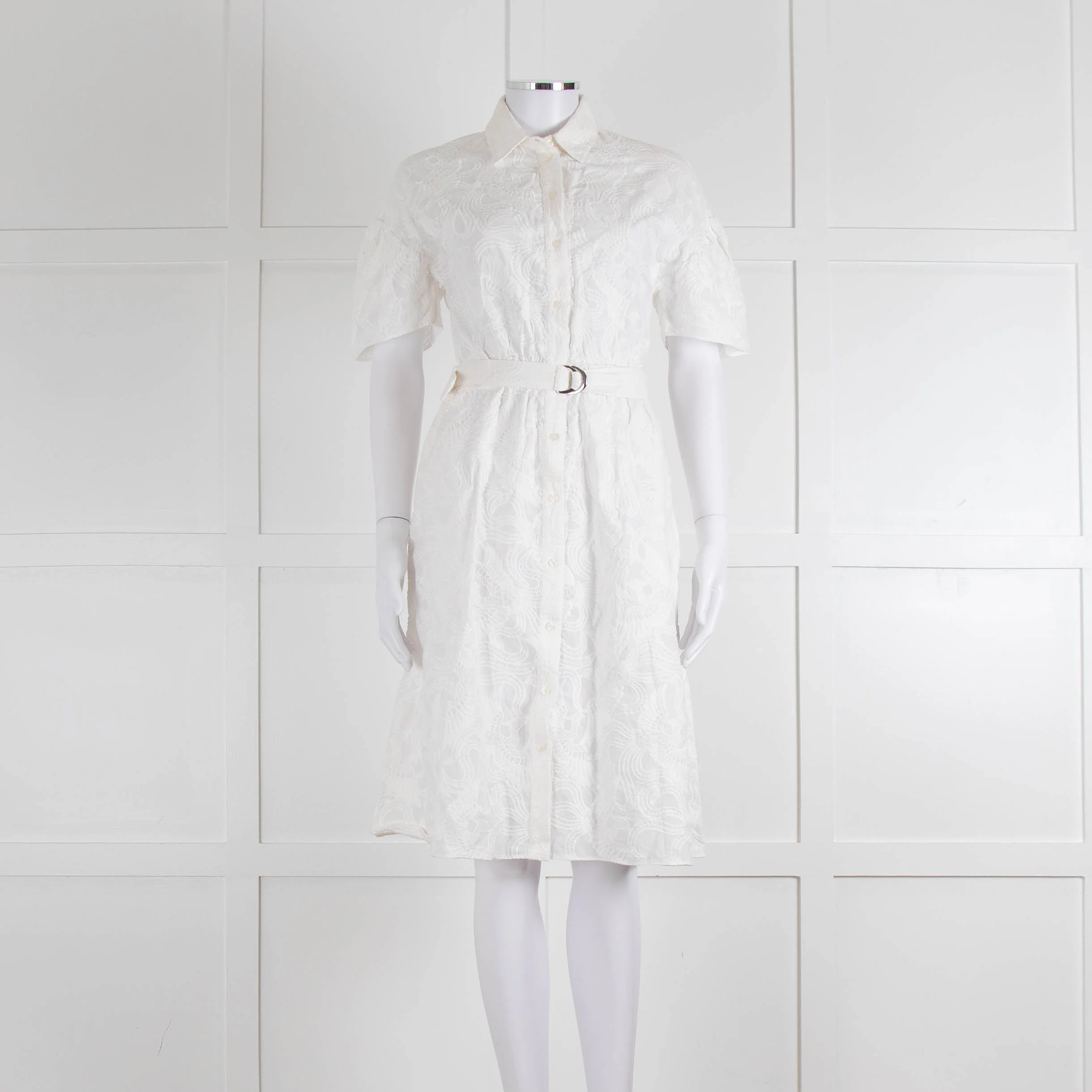 Kenzo White Embroidered Cotton Buttoned Up Belted Dress