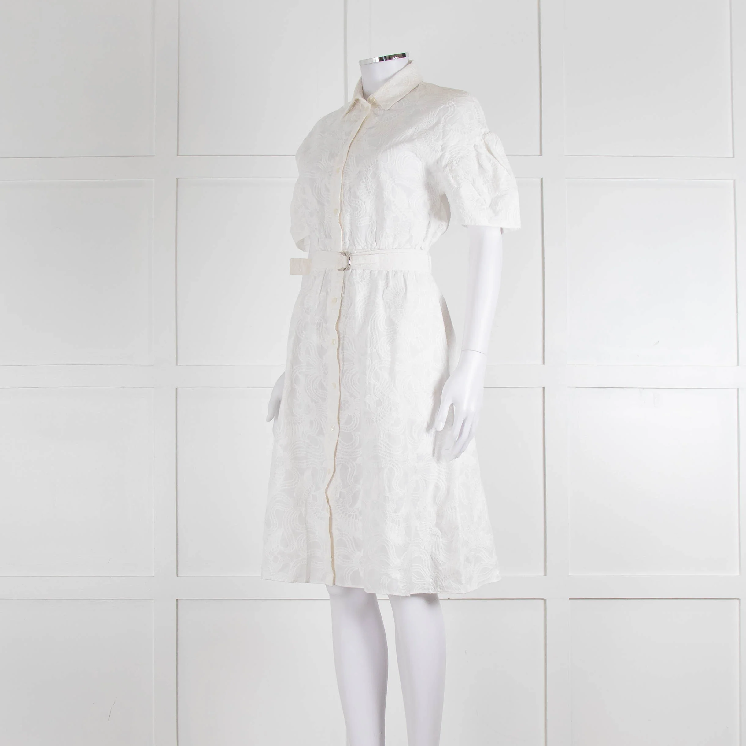 Kenzo White Embroidered Cotton Buttoned Up Belted Dress - Image 8