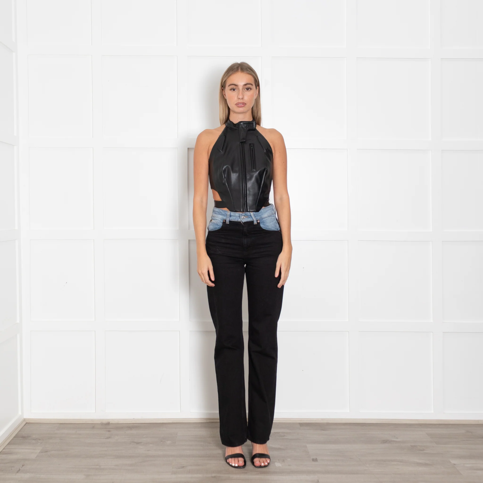 KHY Black Faux Leather Biker Style Halter Top