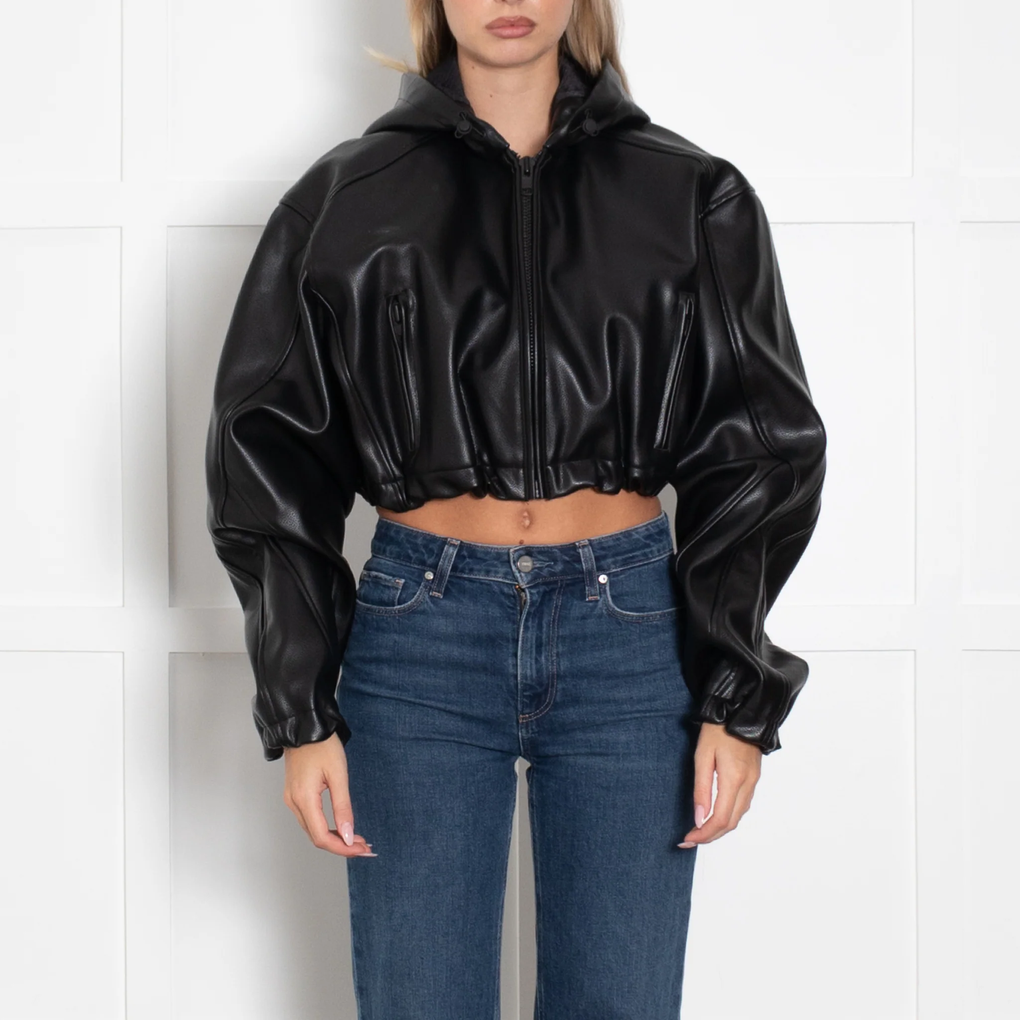 KHY Black Faux Leather Crop Bomber Jacket - Image 2