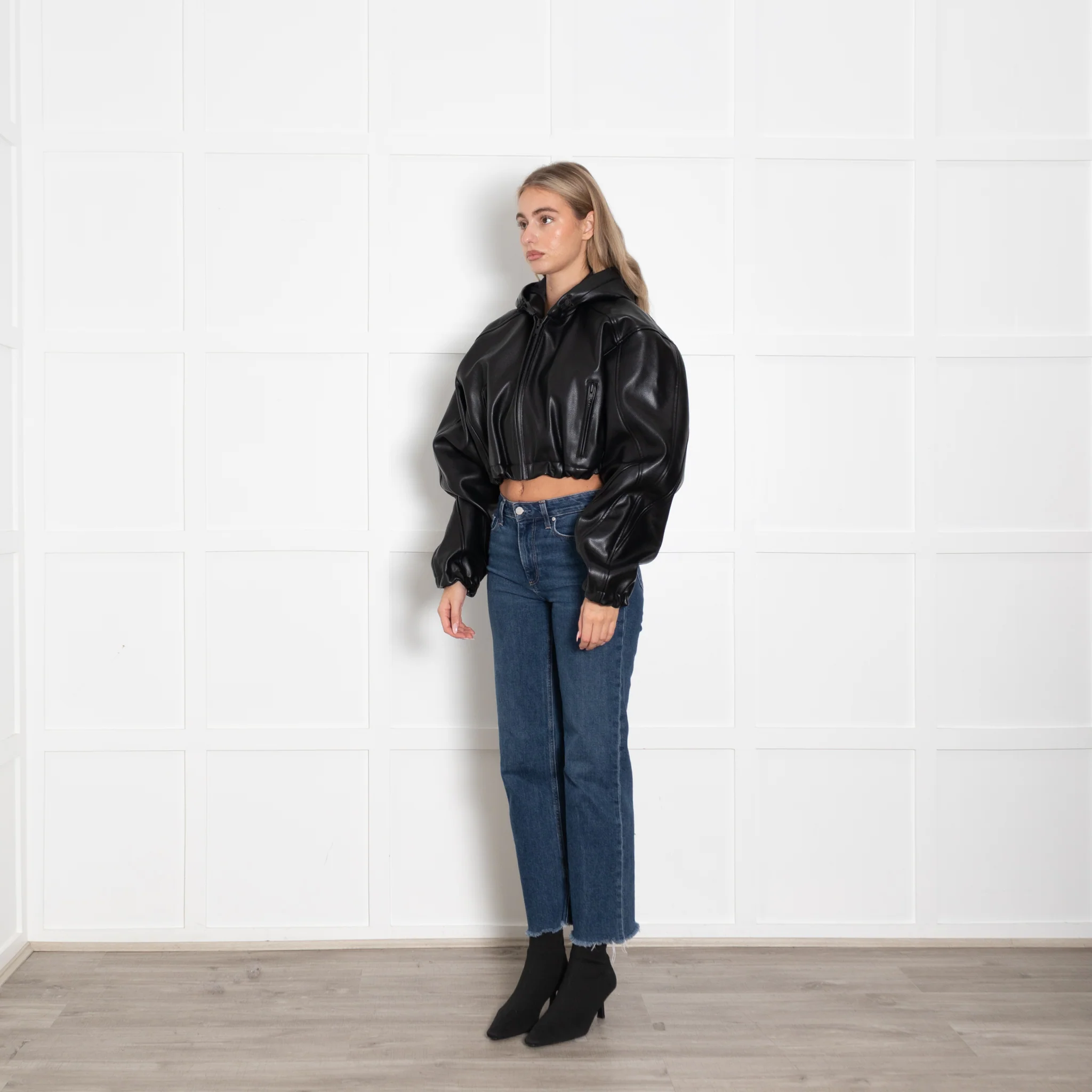 KHY Black Faux Leather Crop Bomber Jacket - Image 3