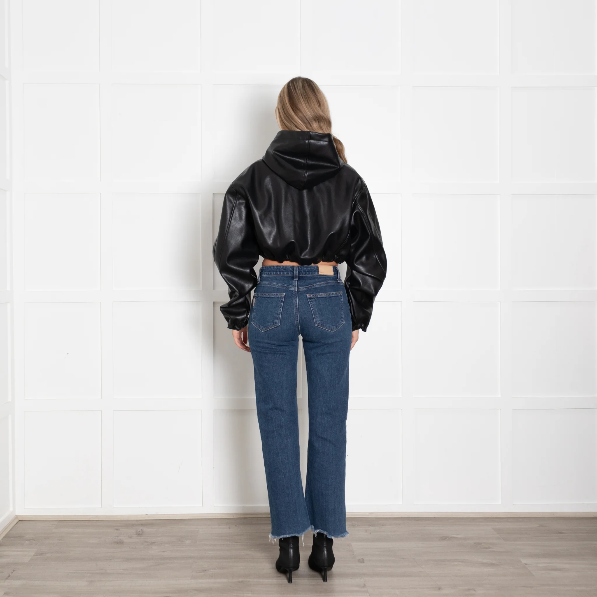 KHY Black Faux Leather Crop Bomber Jacket - Image 5
