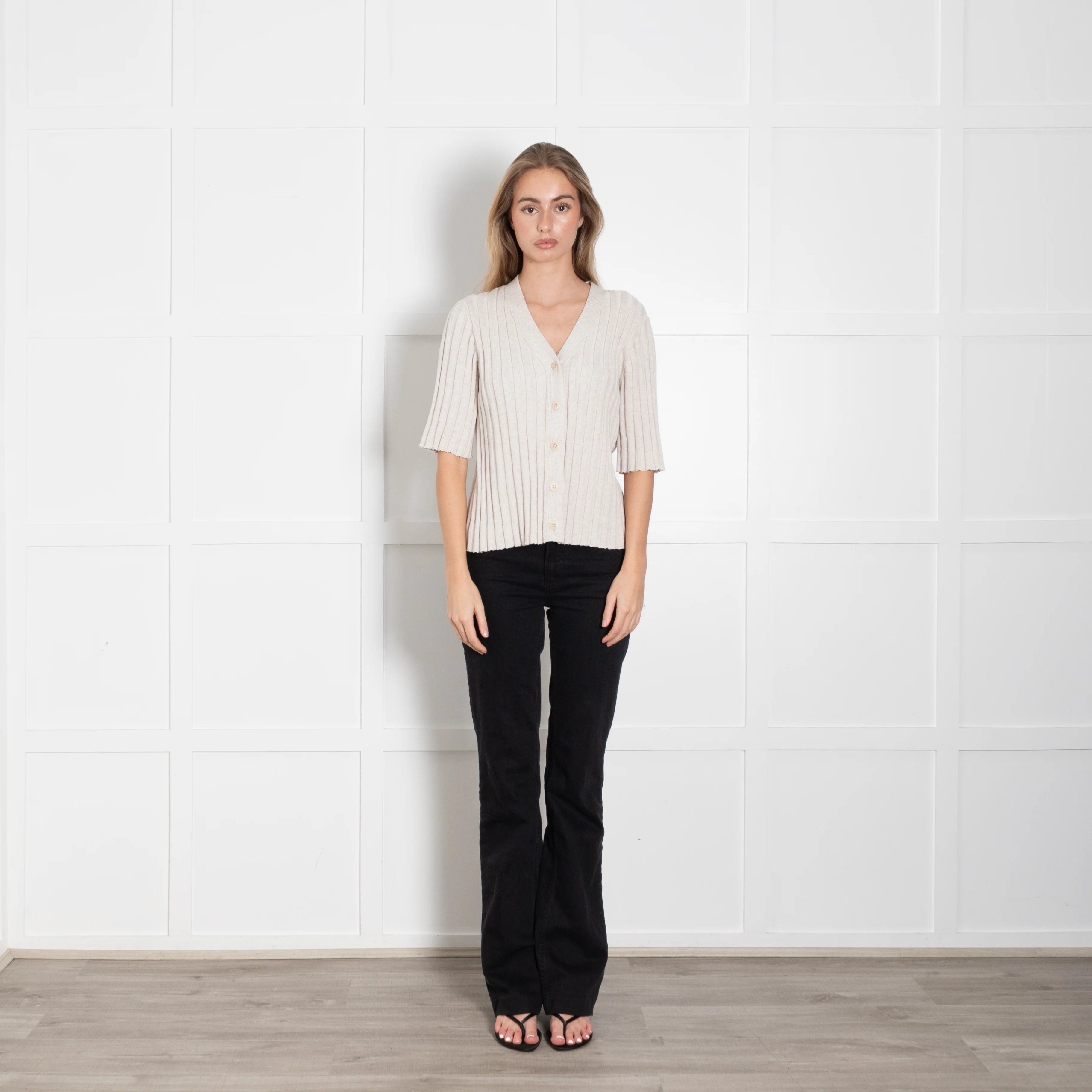Kinross Beige Cotton Rib Short Sleeve Top With Buttons