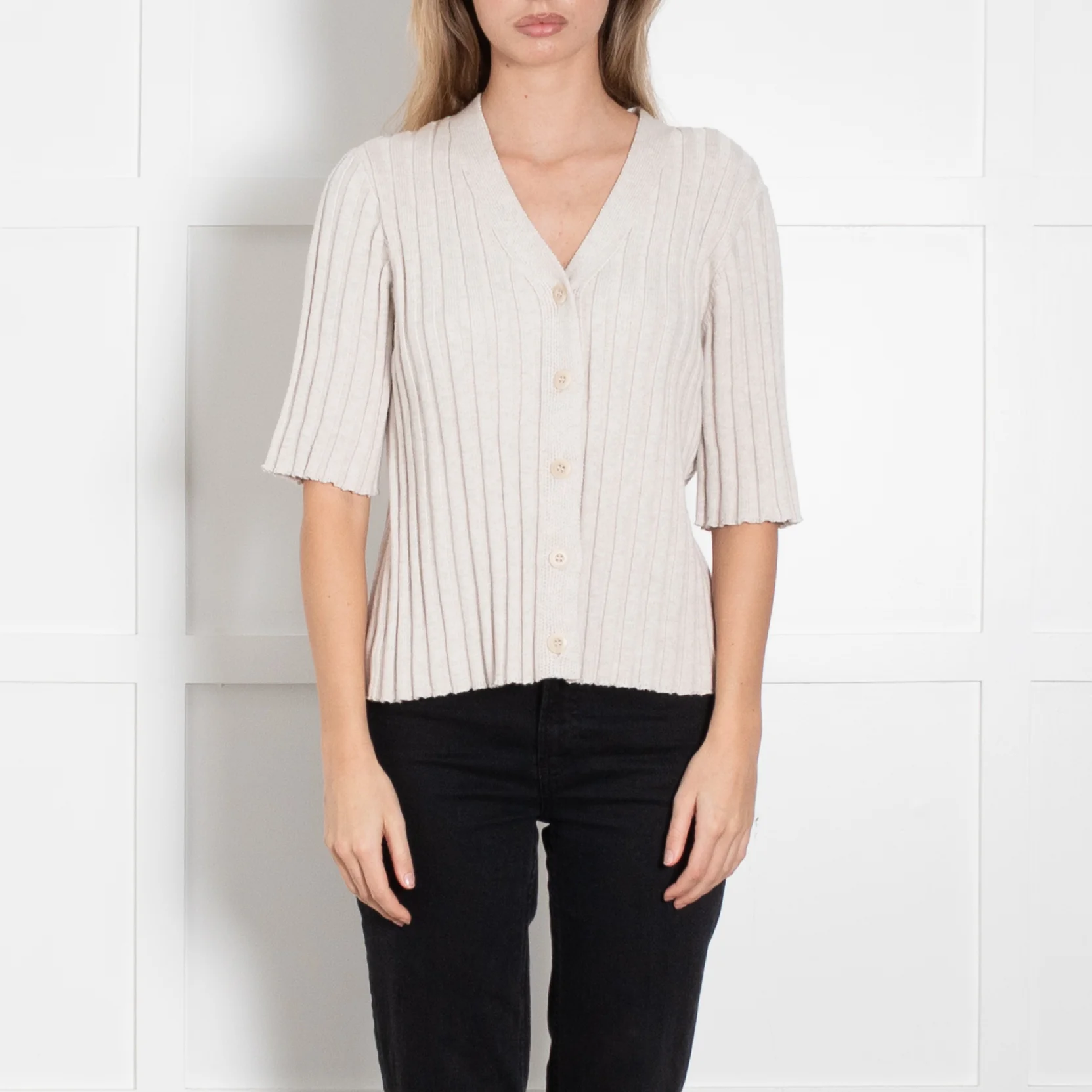 Kinross Beige Cotton Rib Short Sleeve Top With Buttons - Image 2