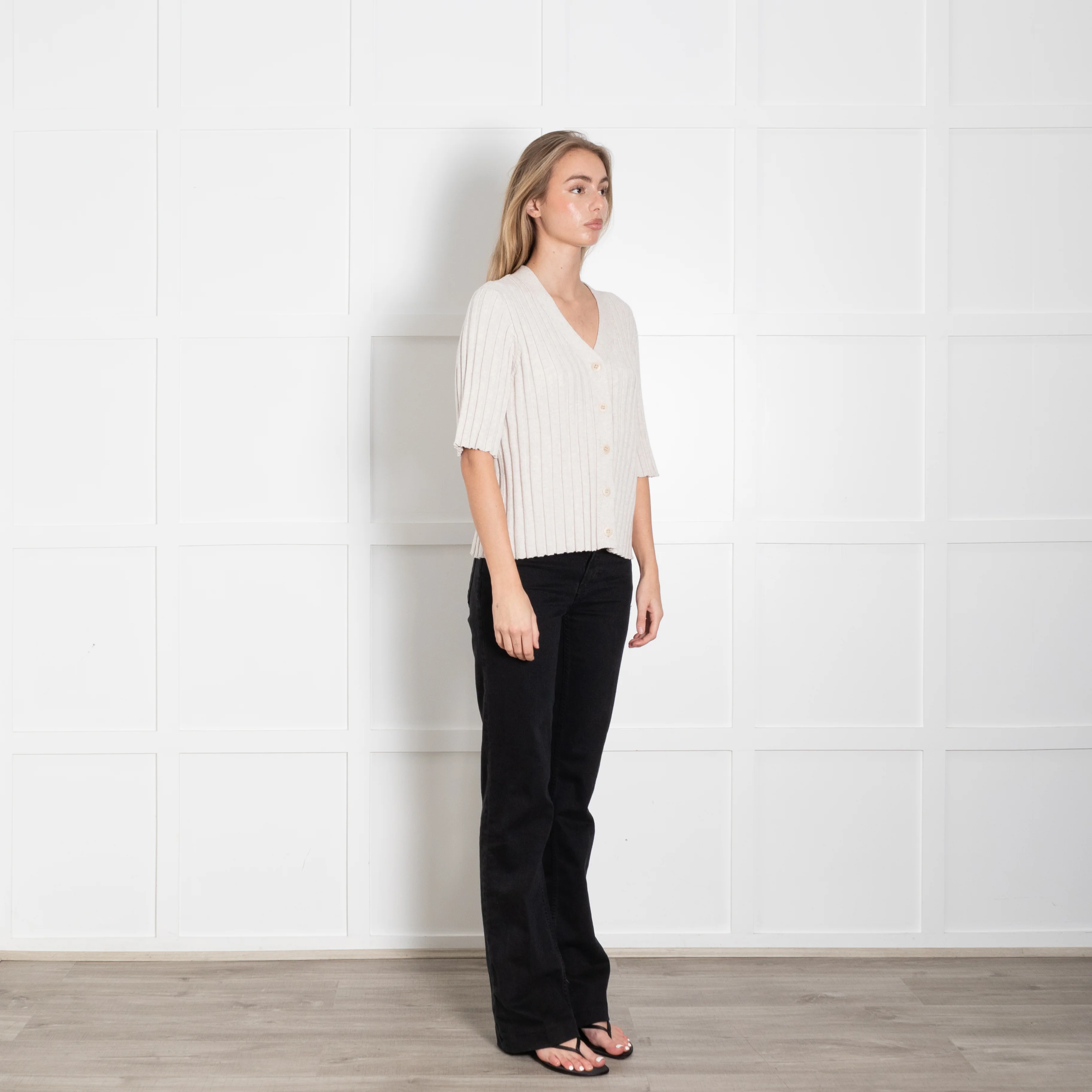 Kinross Beige Cotton Rib Short Sleeve Top With Buttons - Image 7