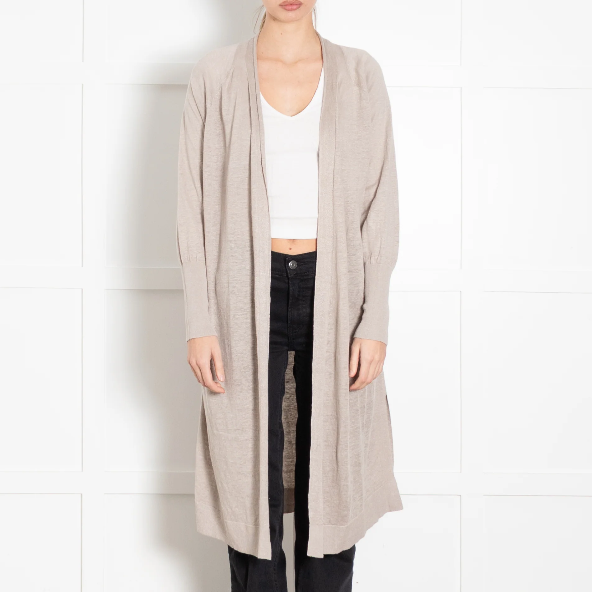 Kinross Beige Linen Fine Knit Long Cardigan - Image 2