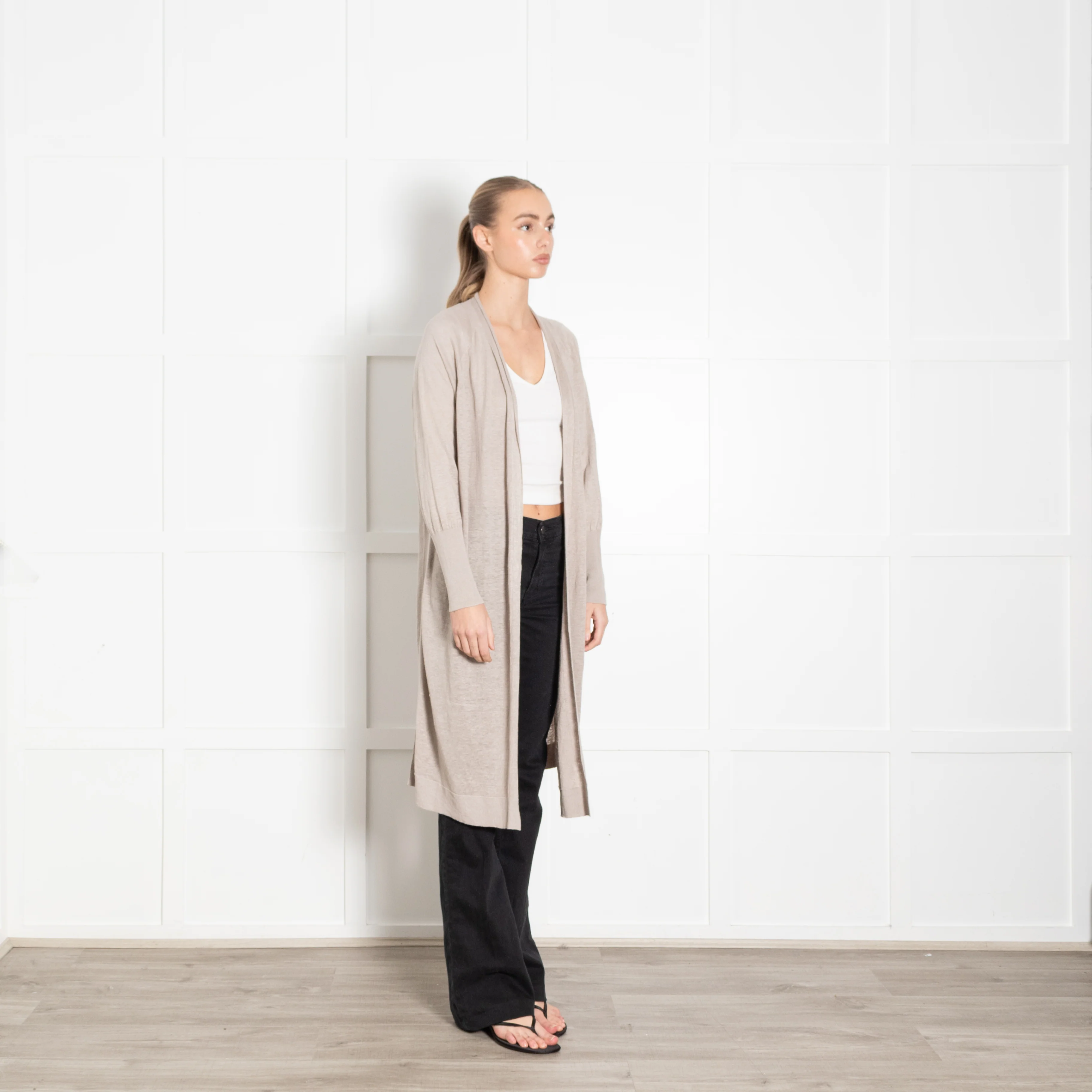 Kinross Beige Linen Fine Knit Long Cardigan - Image 7