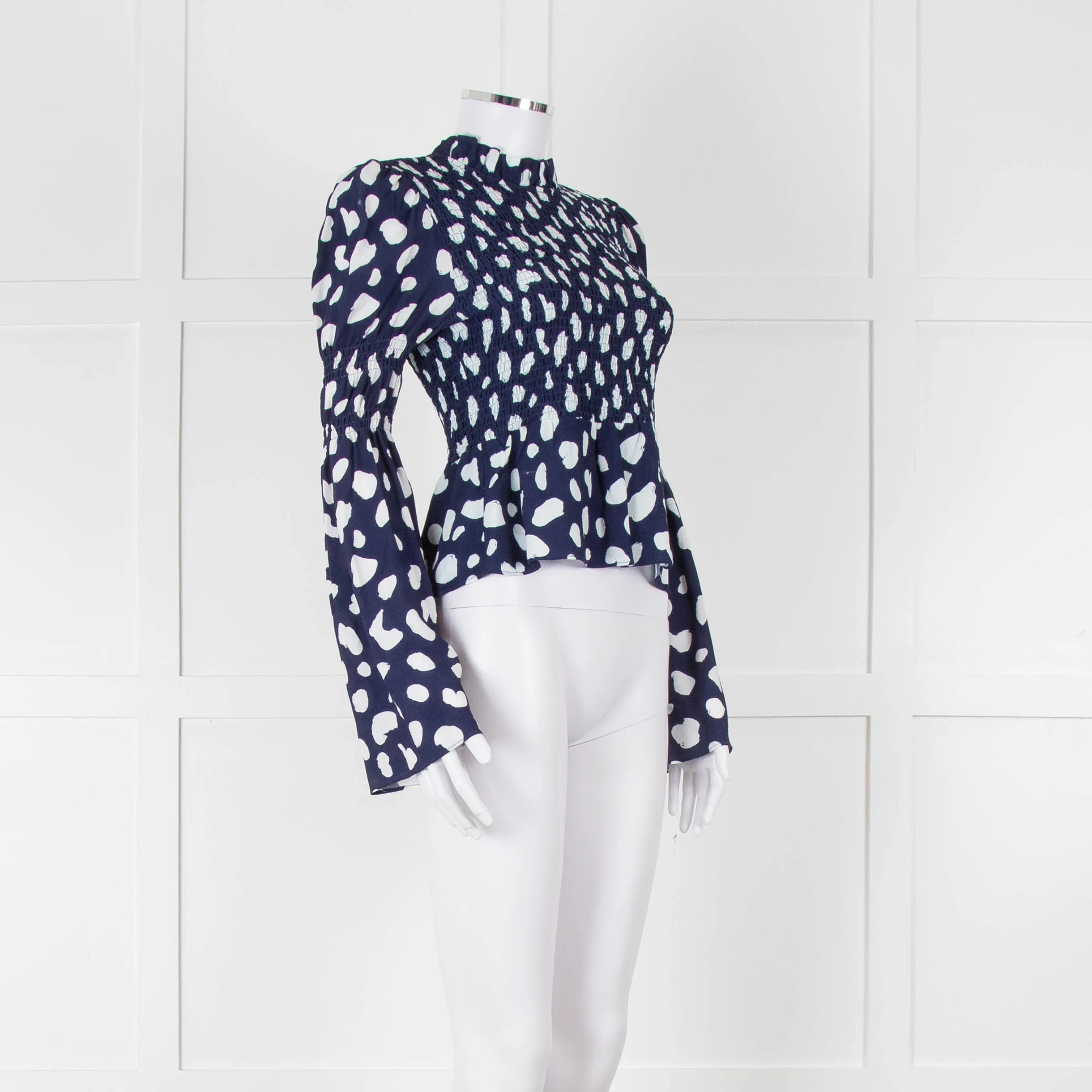 Kitri Blue And White Pattern Smocked Front Top - Image 2