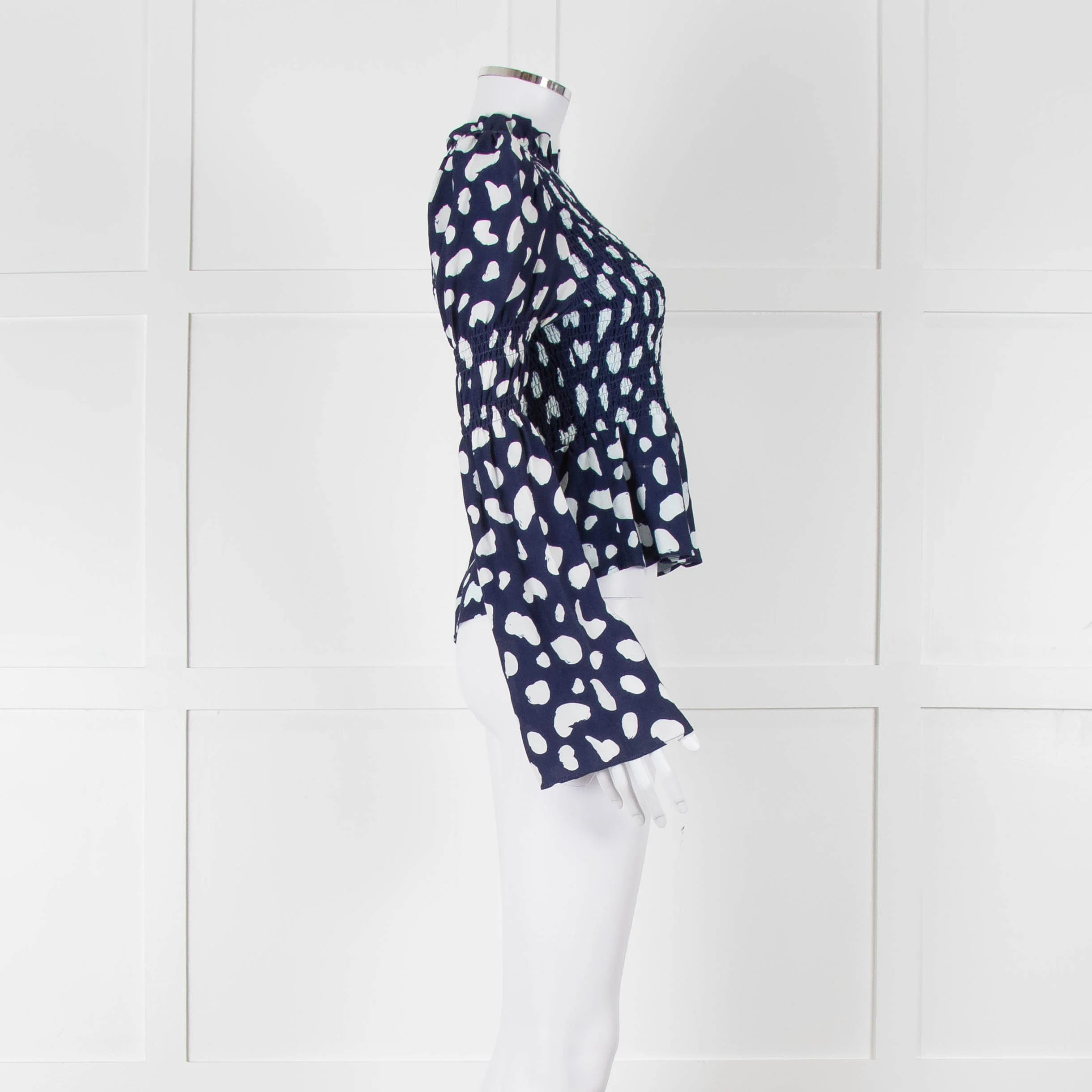Kitri Blue And White Pattern Smocked Front Top - Image 3