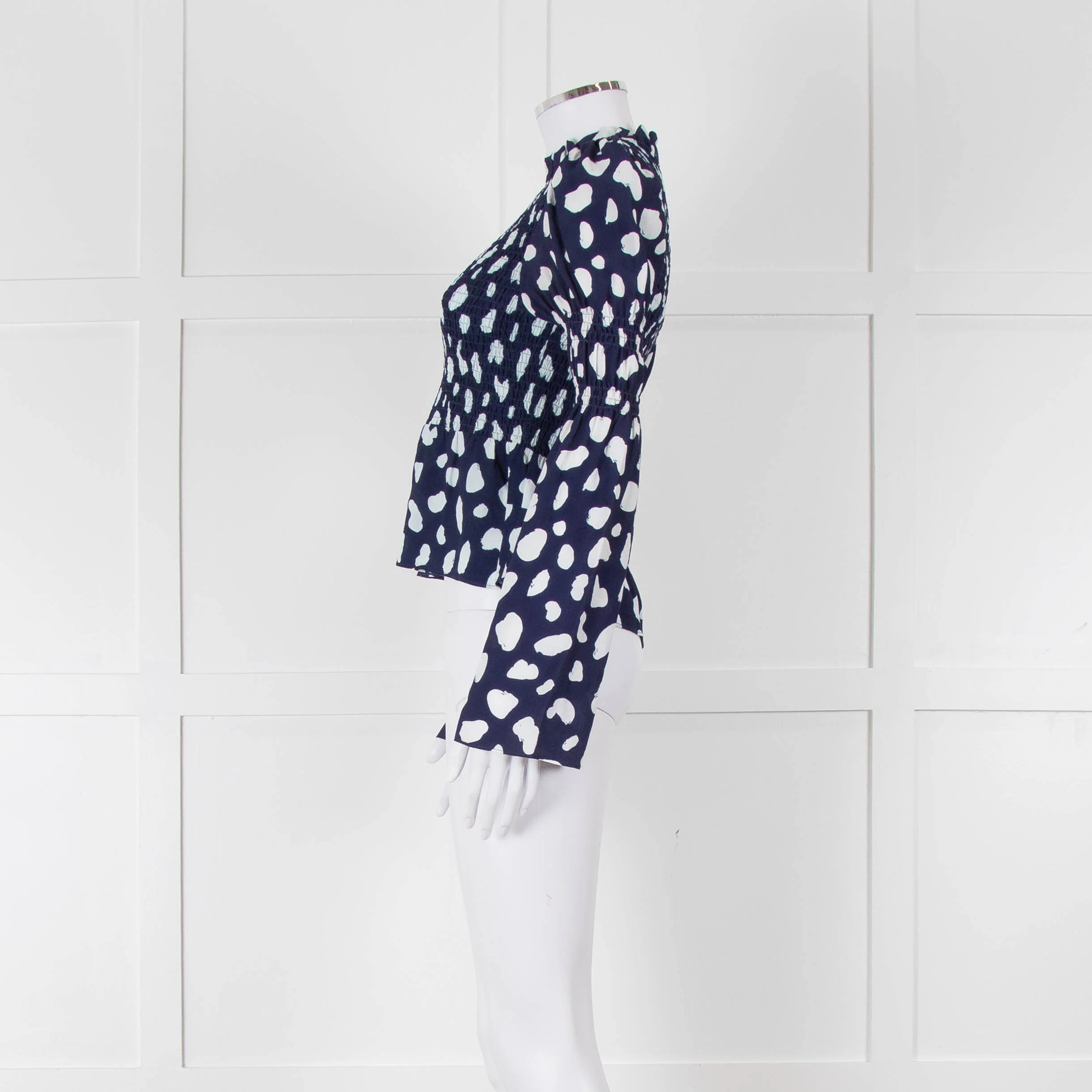 Kitri Blue And White Pattern Smocked Front Top - Image 7