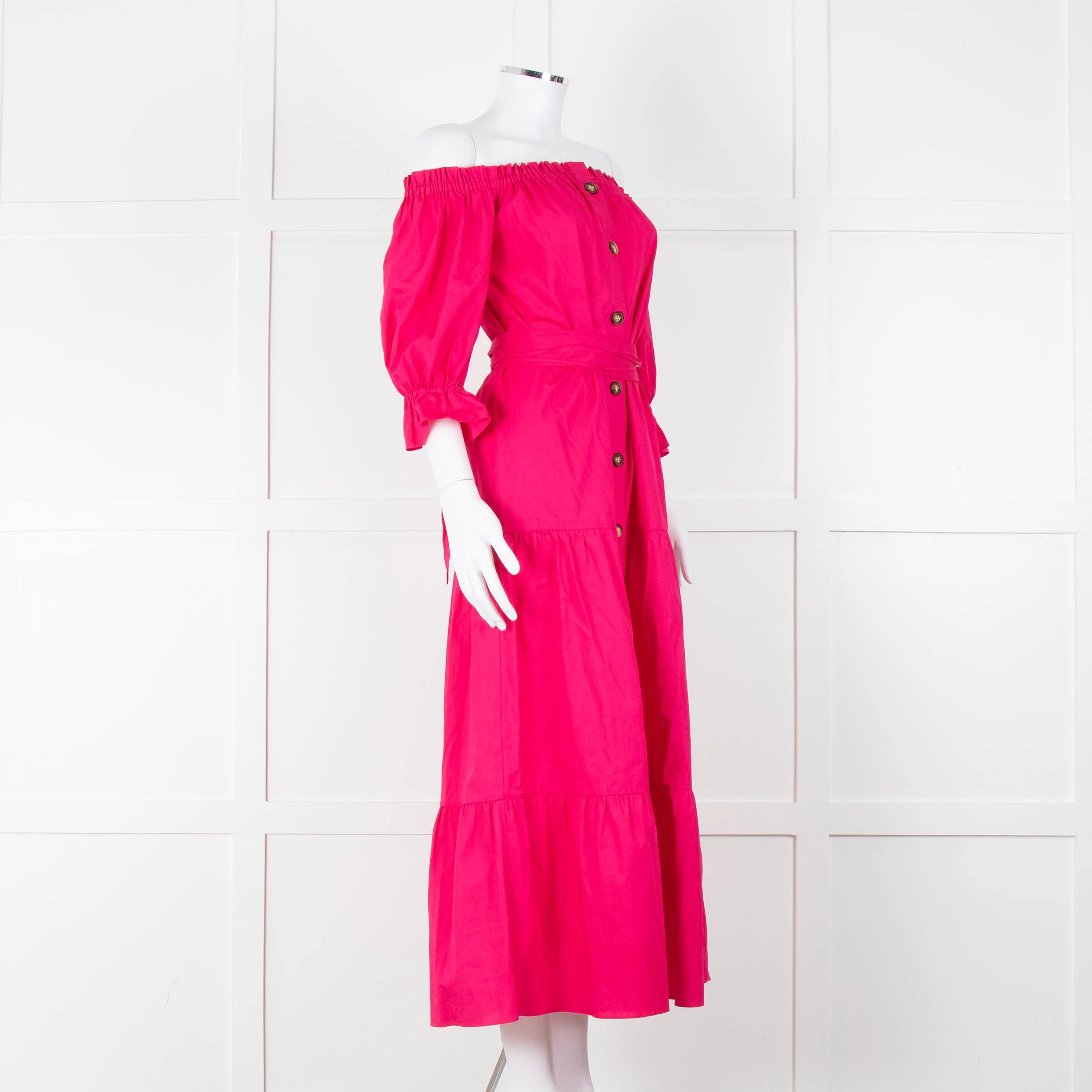 Kitri Hot Pink Cotton Tiered Midi Belted Dress - Image 2