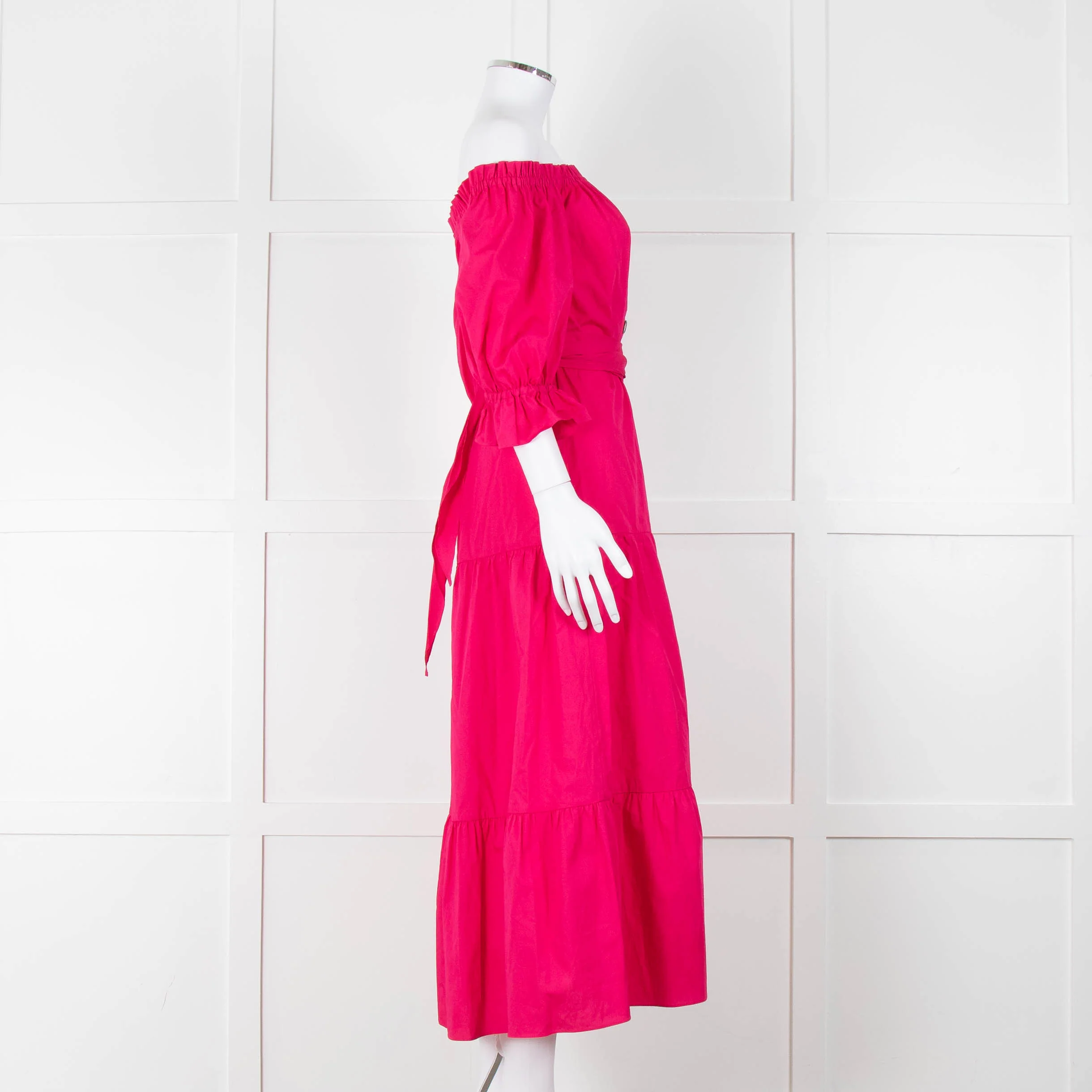 Kitri Hot Pink Cotton Tiered Midi Belted Dress - Image 3