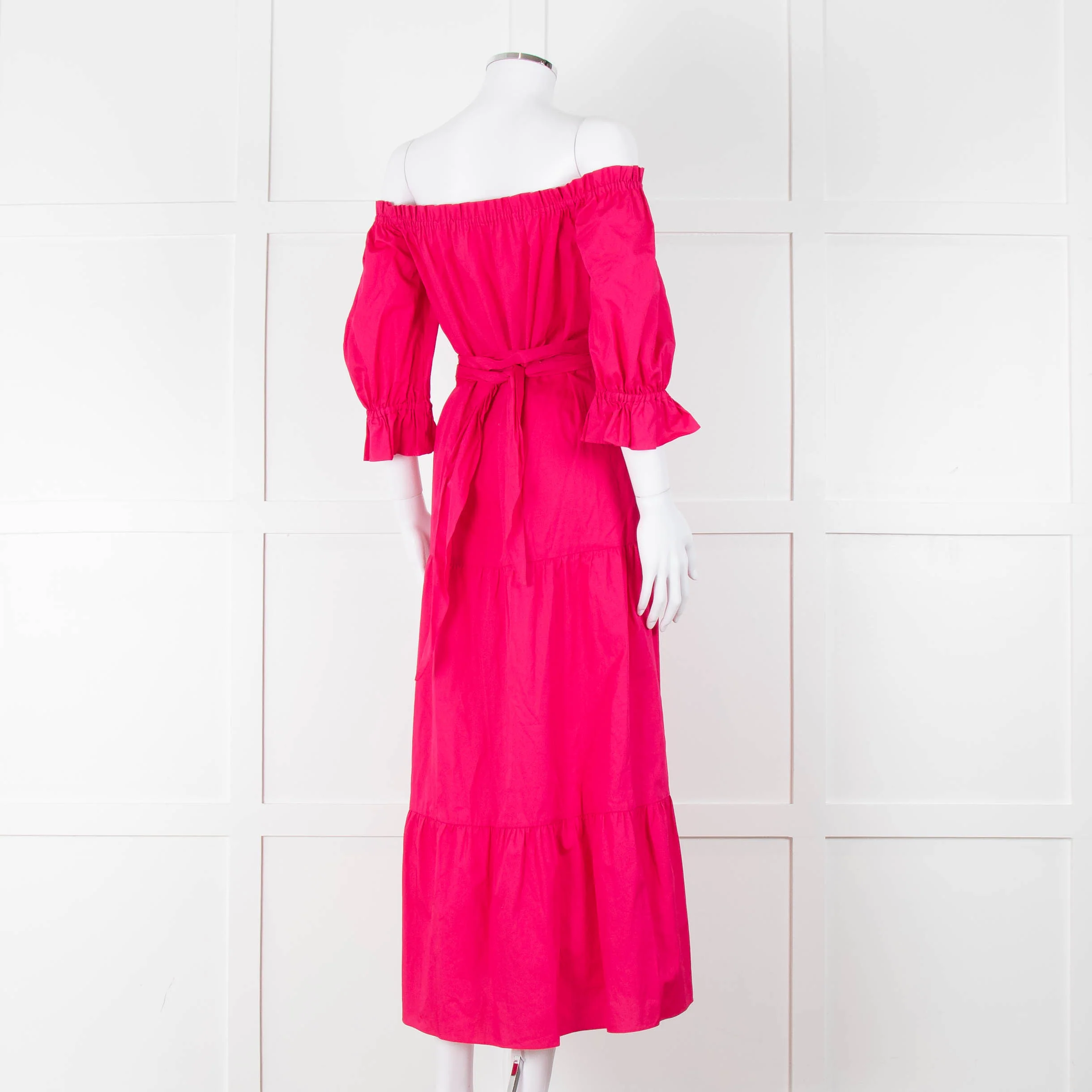 Kitri Hot Pink Cotton Tiered Midi Belted Dress - Image 4