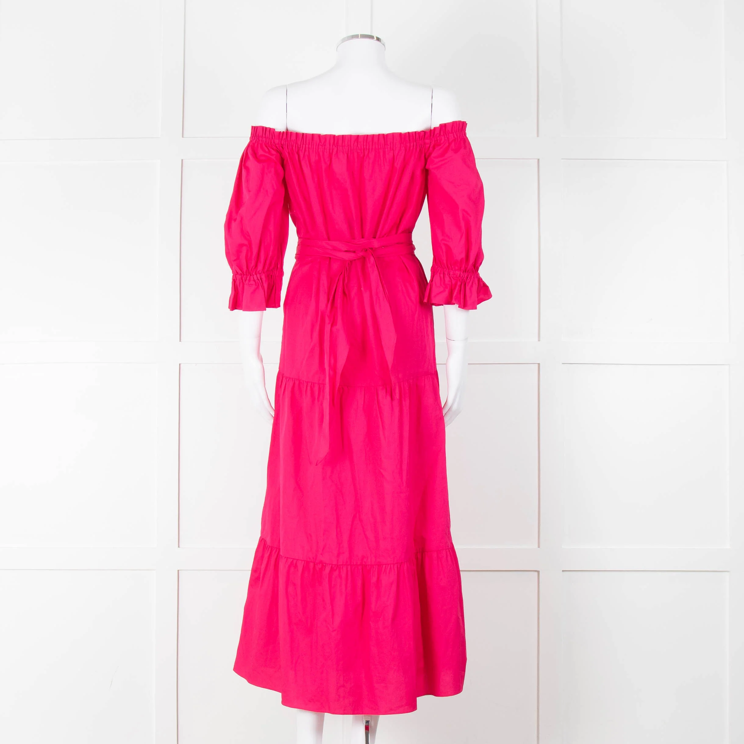 Kitri Hot Pink Cotton Tiered Midi Belted Dress - Image 5