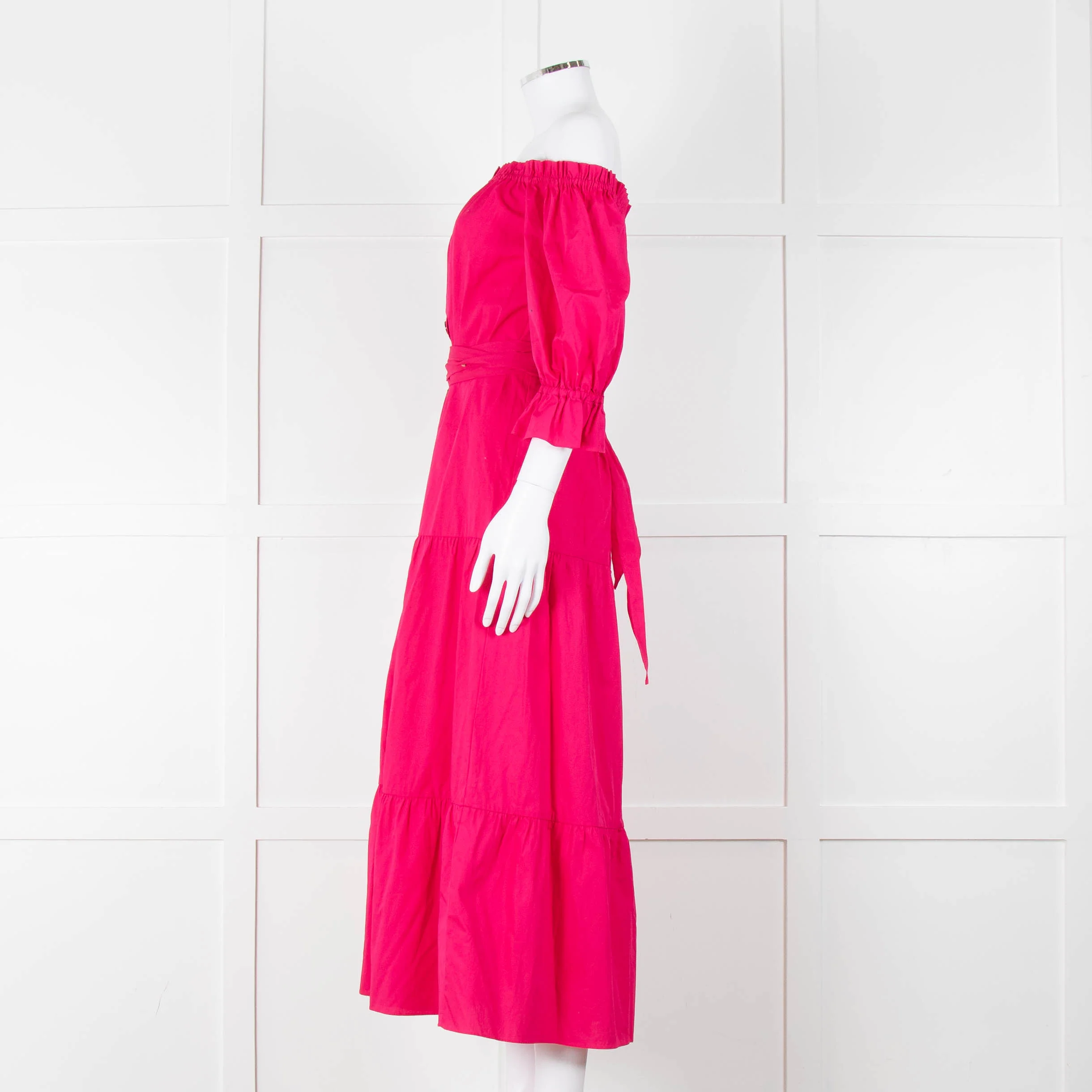 Kitri Hot Pink Cotton Tiered Midi Belted Dress - Image 7