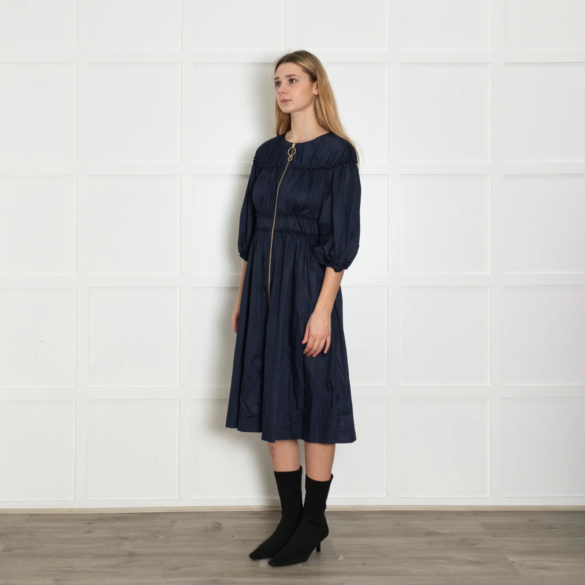 Kitri Navy Shirred Midi Dress with Zip Front - Image 3