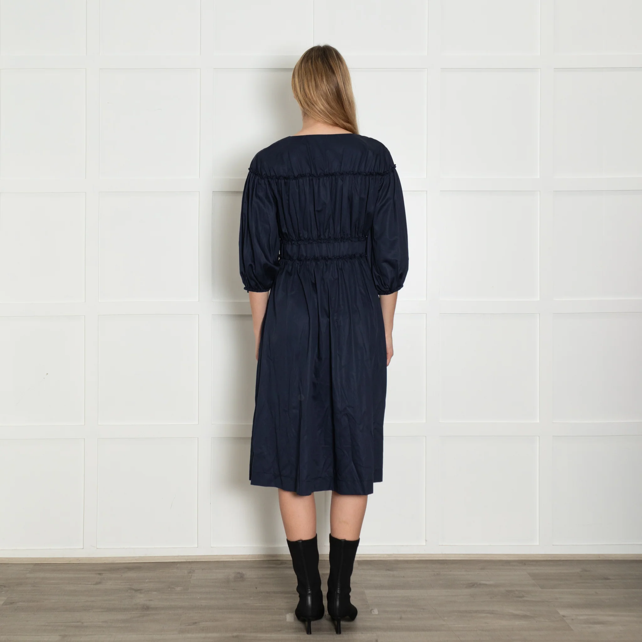 Kitri Navy Shirred Midi Dress with Zip Front - Image 5