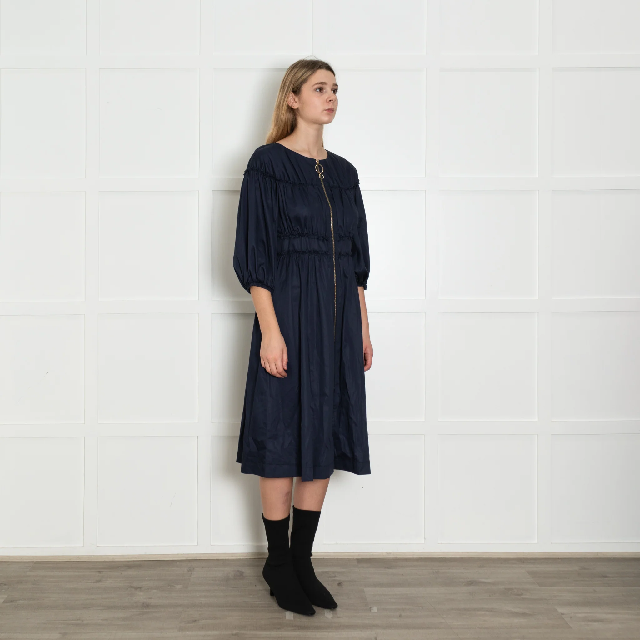 Kitri Navy Shirred Midi Dress with Zip Front - Image 7