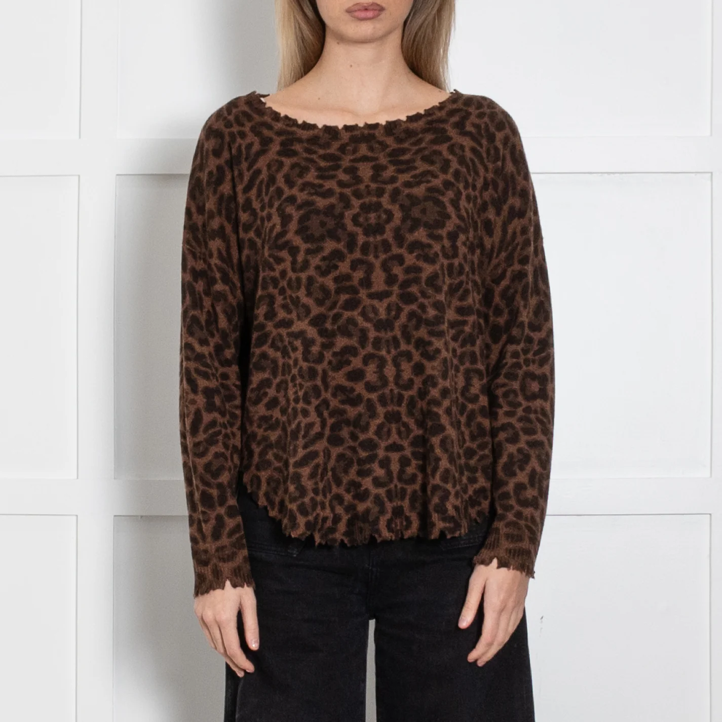 Kujten Brown Leopard Print Distresed Edge Jumper - Image 2