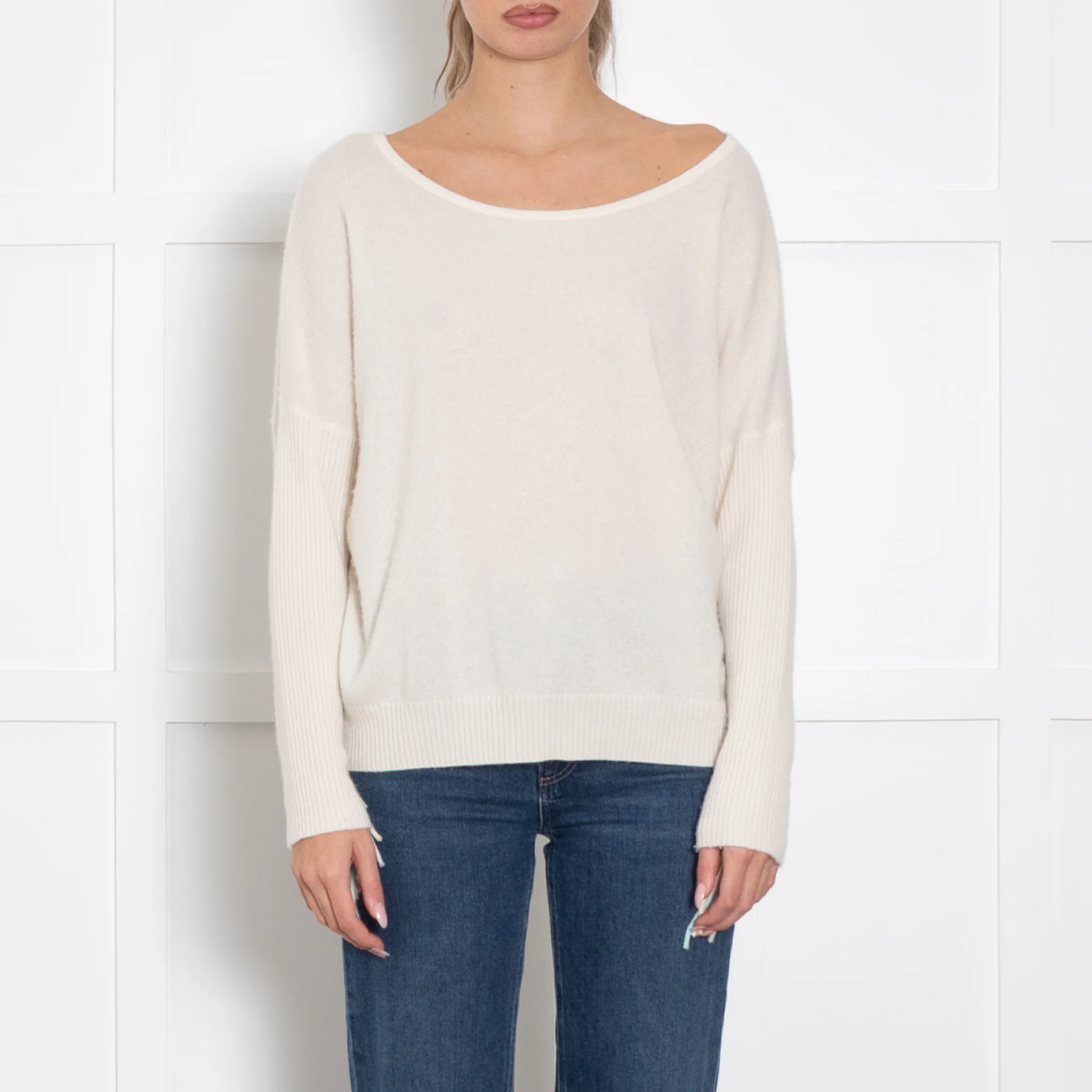 Kujten Cream Cashmere Jumper With Pastel Fringed Sleeves - Image 2