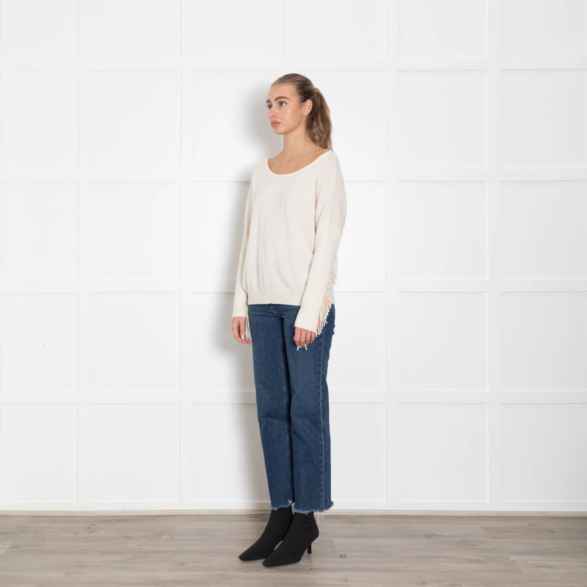 Kujten Cream Cashmere Jumper With Pastel Fringed Sleeves - Image 3