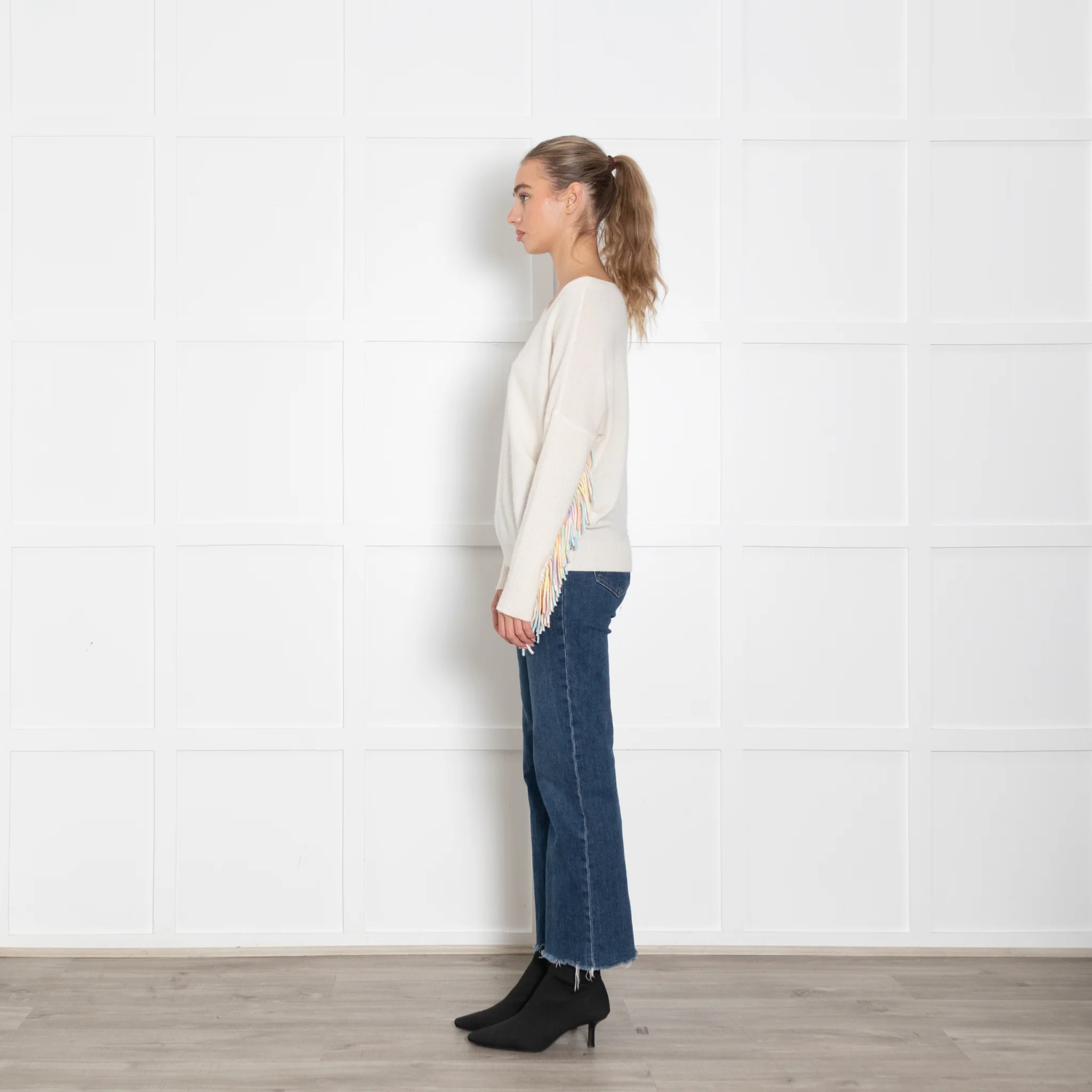 Kujten Cream Cashmere Jumper With Pastel Fringed Sleeves - Image 4