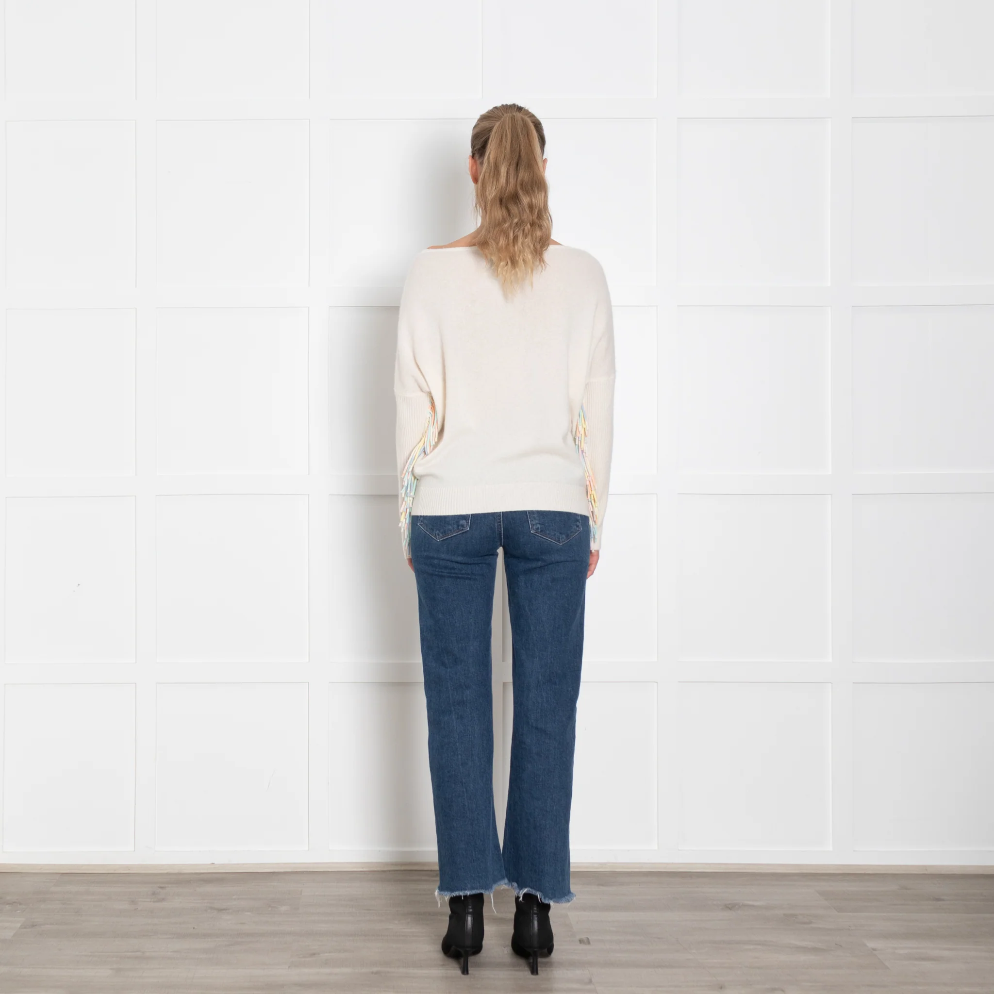 Kujten Cream Cashmere Jumper With Pastel Fringed Sleeves - Image 5