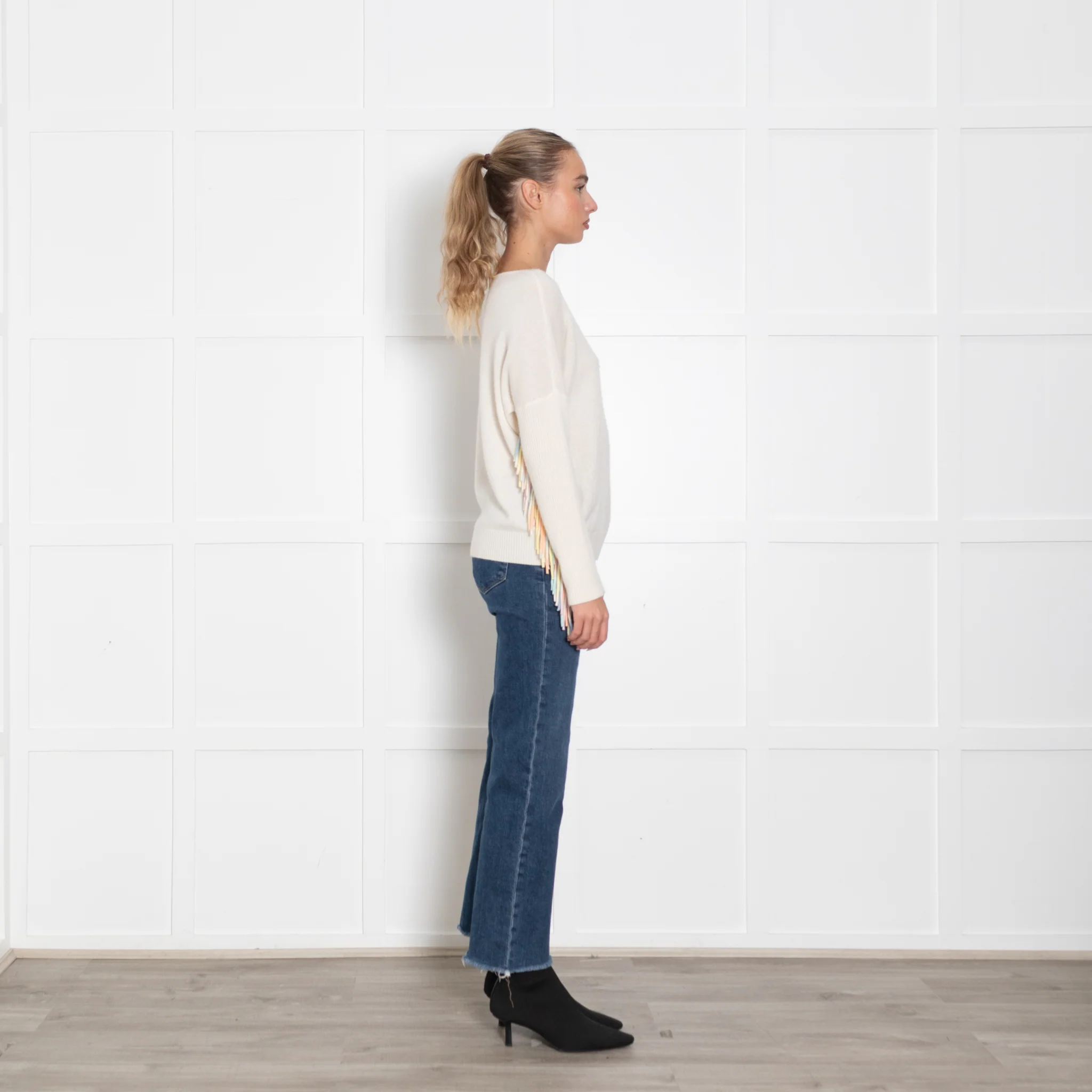 Kujten Cream Cashmere Jumper With Pastel Fringed Sleeves - Image 6