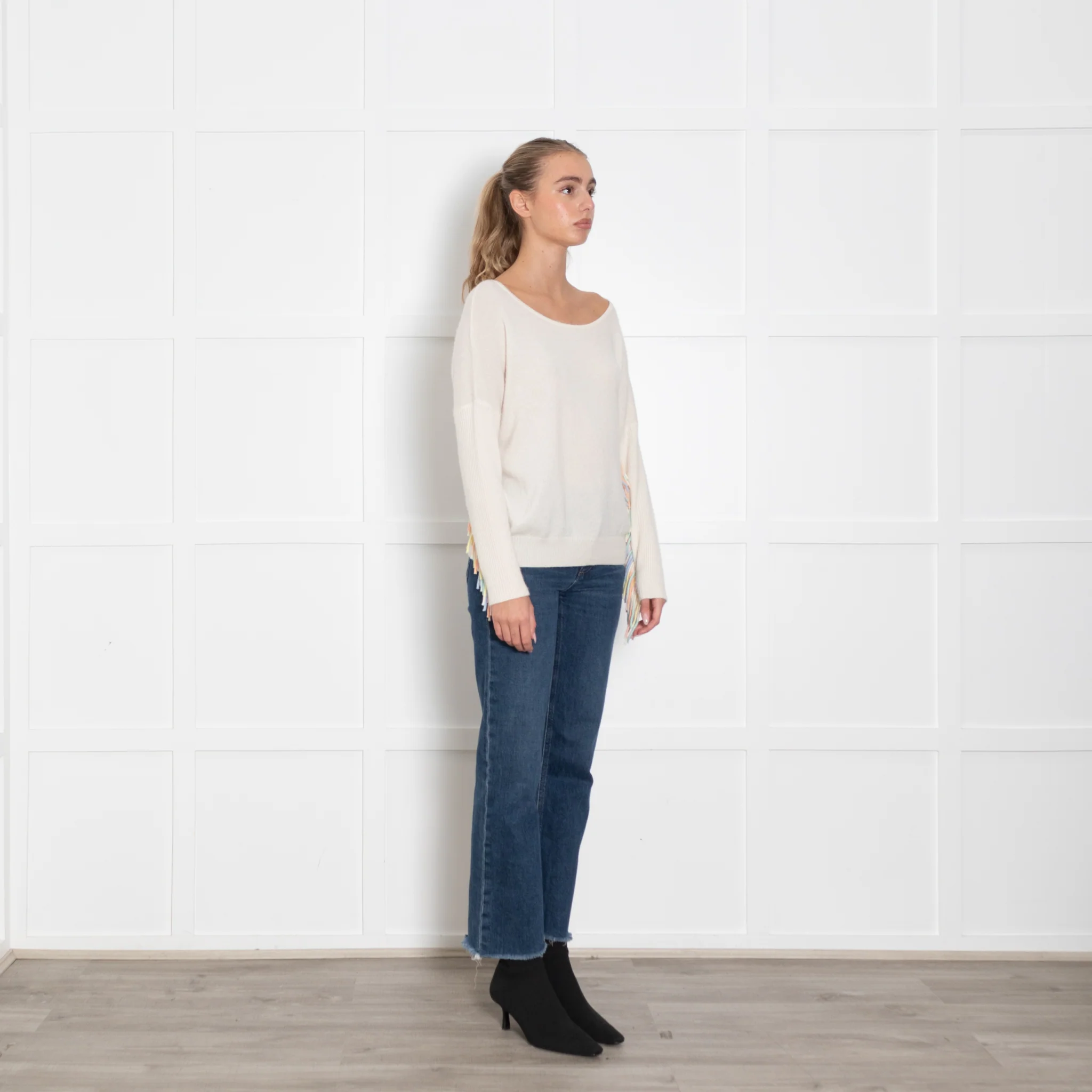 Kujten Cream Cashmere Jumper With Pastel Fringed Sleeves - Image 7