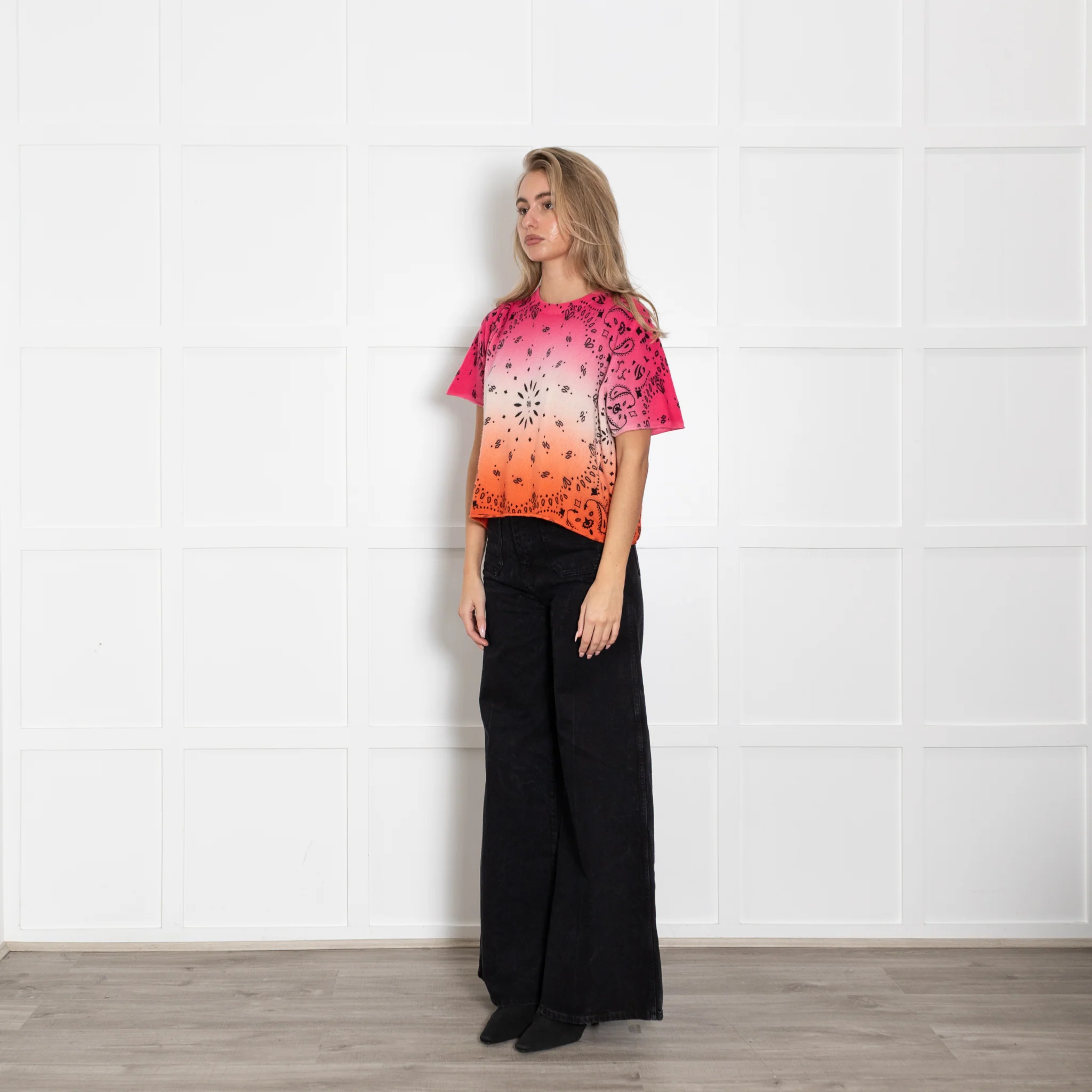 Kujten Pink Orange Black Print Cashmere Jumper - Image 3