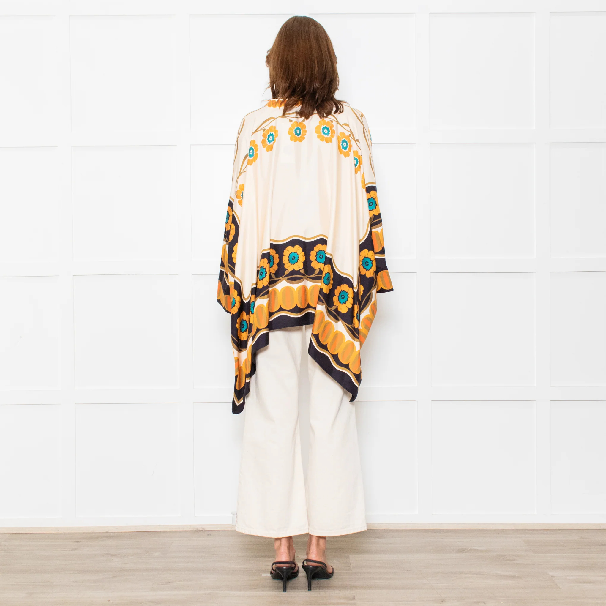 La Double J Cream Black Orange Silk Flower Print Wide Shirt - Image 5