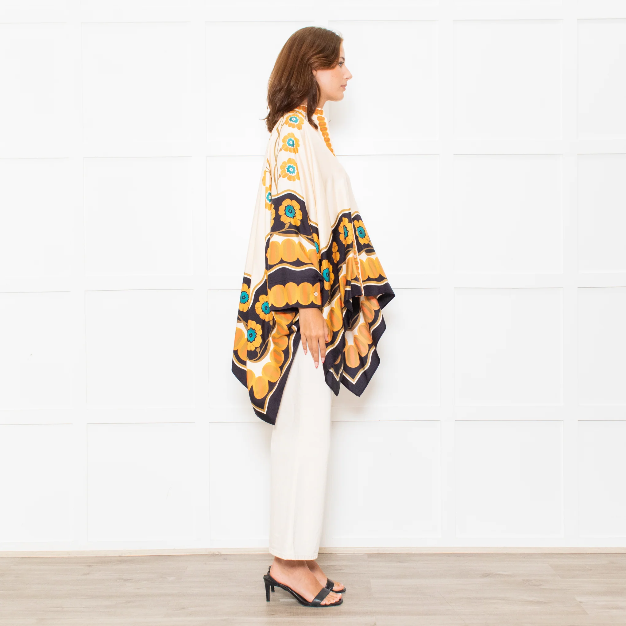 La Double J Cream Black Orange Silk Flower Print Wide Shirt - Image 6