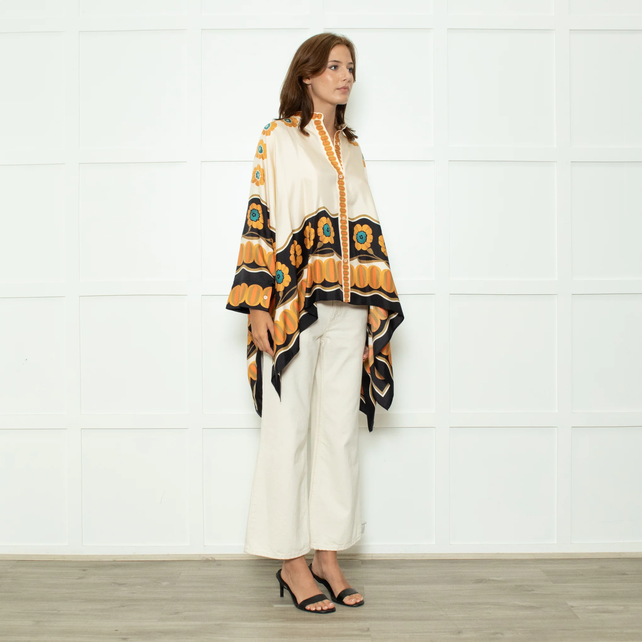La Double J Cream Black Orange Silk Flower Print Wide Shirt - Image 7