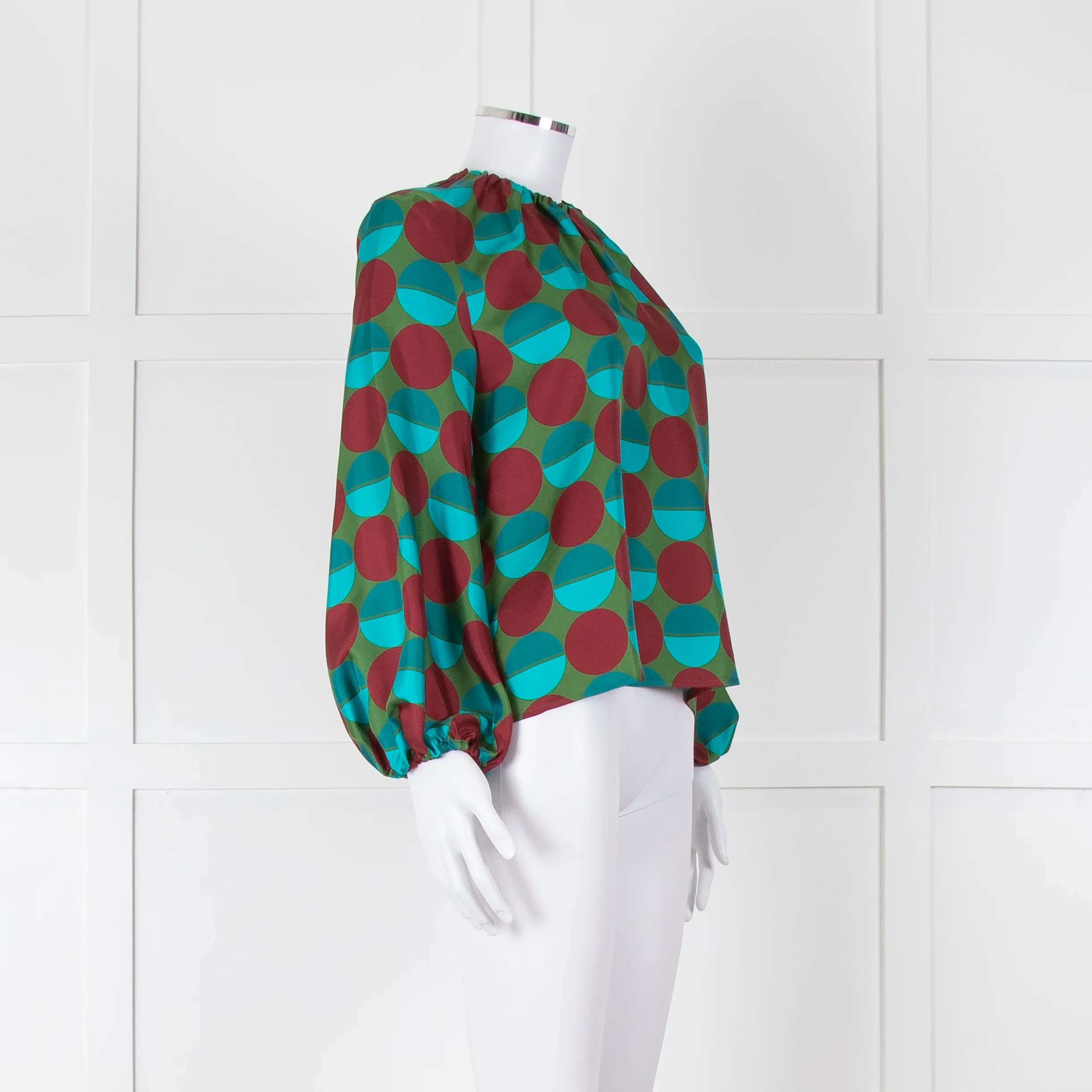 La Double J Green Burgundy Blue Circle Print Long Sleeve Silk Top - Image 2