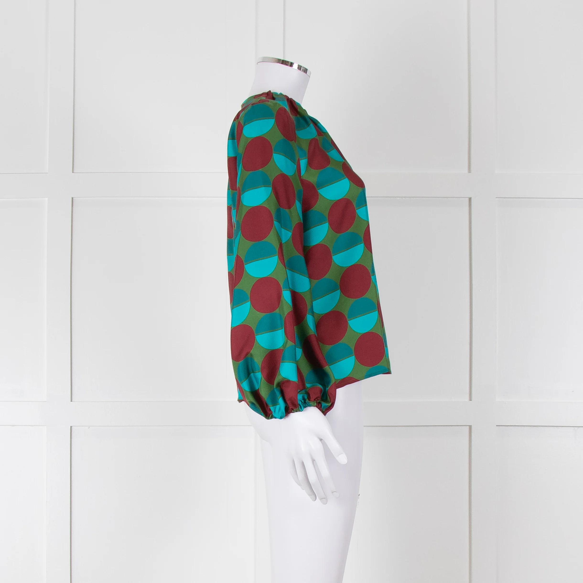 La Double J Green Burgundy Blue Circle Print Long Sleeve Silk Top - Image 3